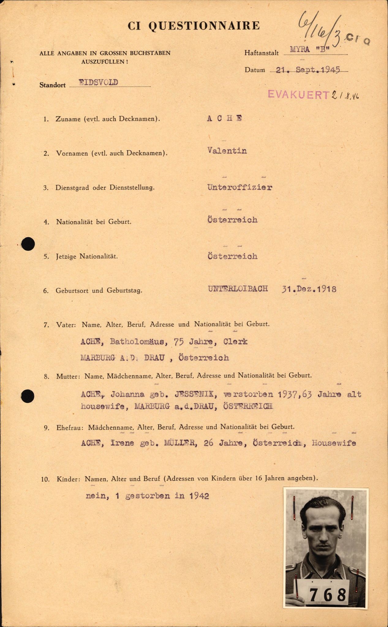 Forsvaret, Forsvarets overkommando II, AV/RA-RAFA-3915/D/Db/L0038: CI Questionaires. Tyske okkupasjonsstyrker i Norge. Østerrikere., 1945-1946, s. 2