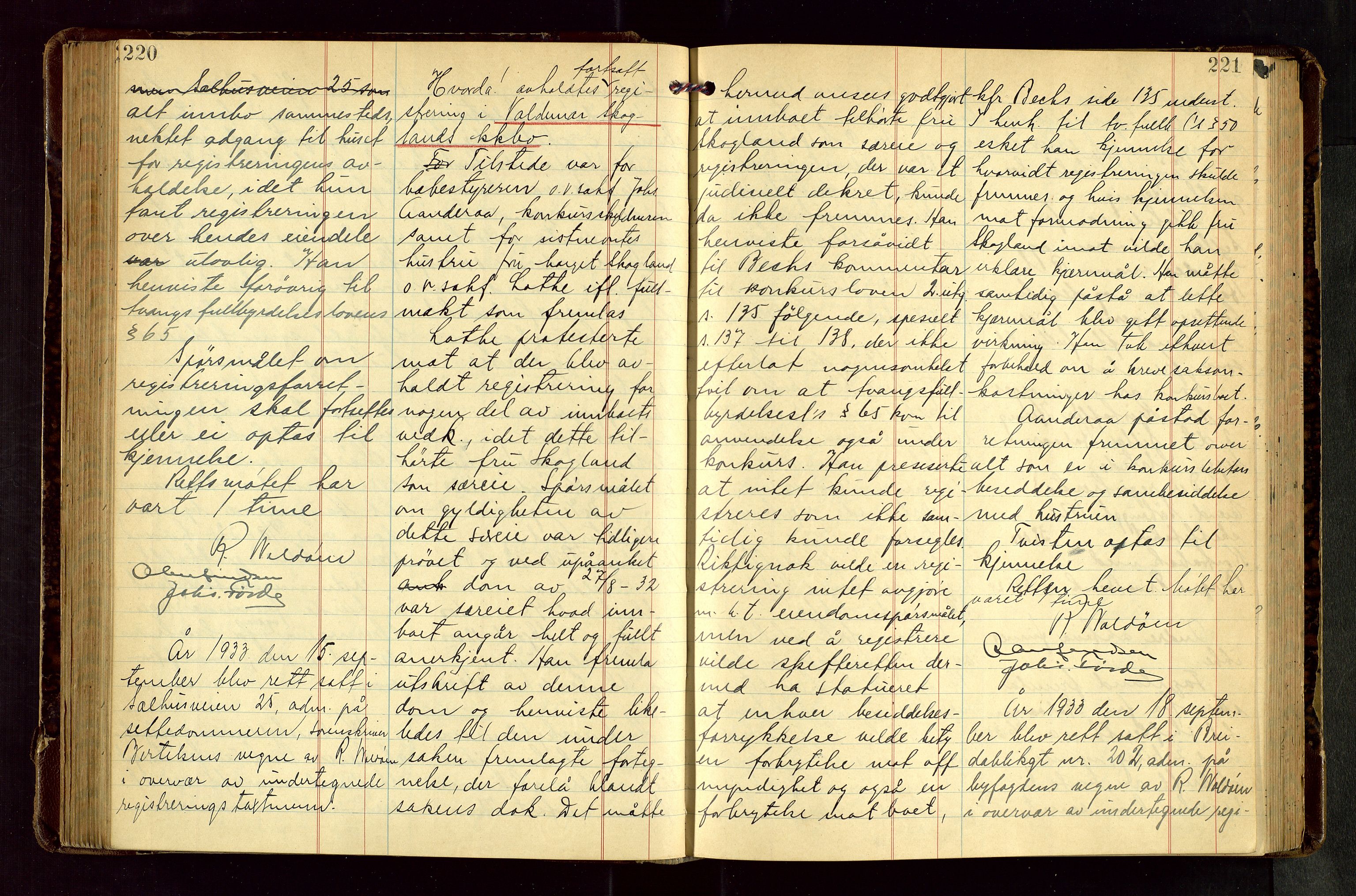 Haugesund tingrett, AV/SAST-A-101415/01/IV/IVB/L0006: Skifteregistreringsprotokoll, med register, 1929-1939, s. 220-221