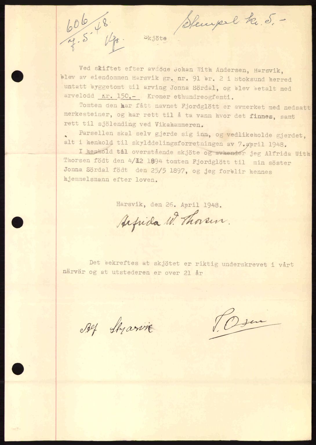 Fosen sorenskriveri, AV/SAT-A-1107/1/2/2C: Pantebok nr. A8, 1948-1948, Dagboknr: 606/1948