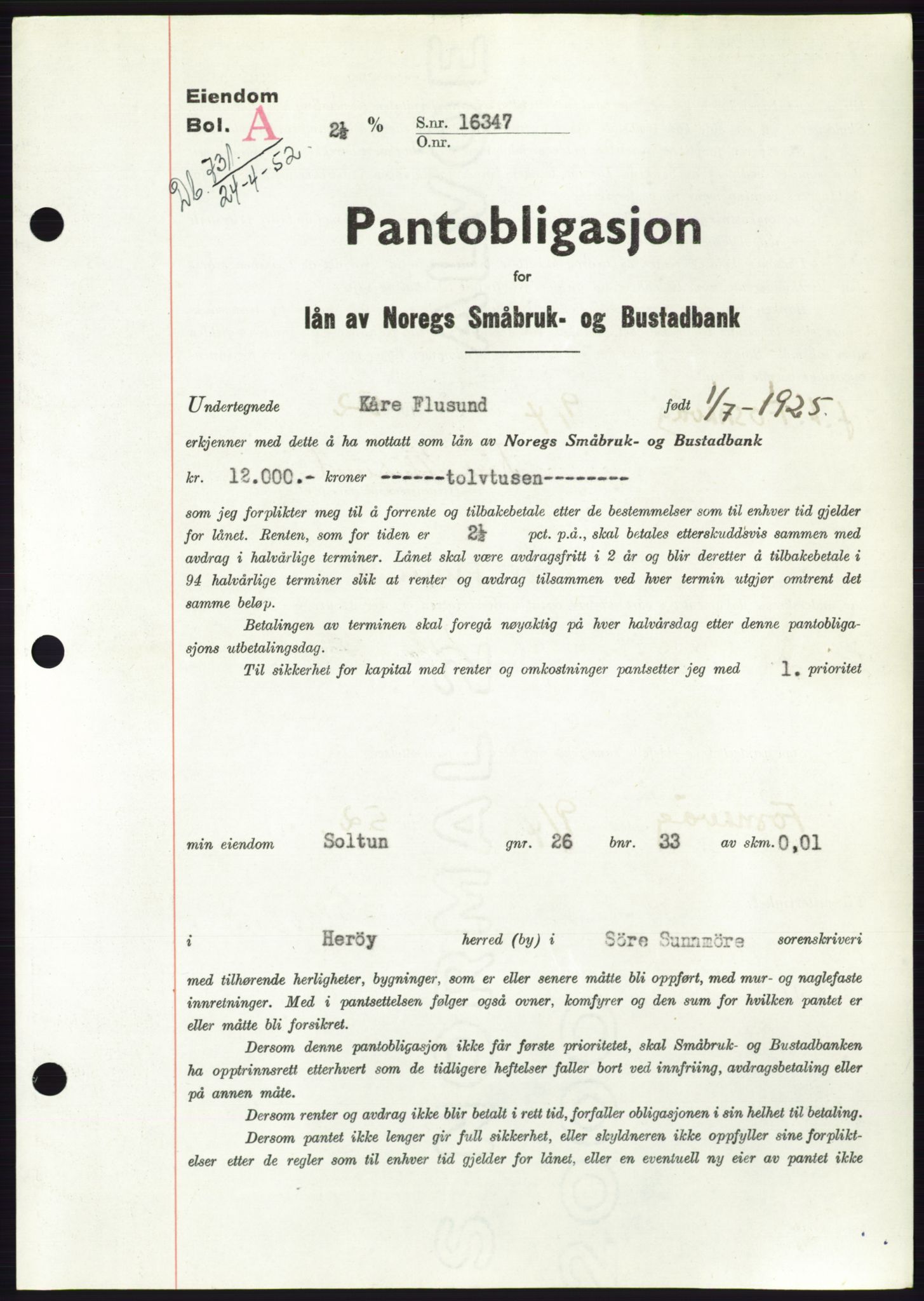 Søre Sunnmøre sorenskriveri, AV/SAT-A-4122/1/2/2C/L0121: Pantebok nr. 9B, 1951-1952, Dagboknr: 731/1952