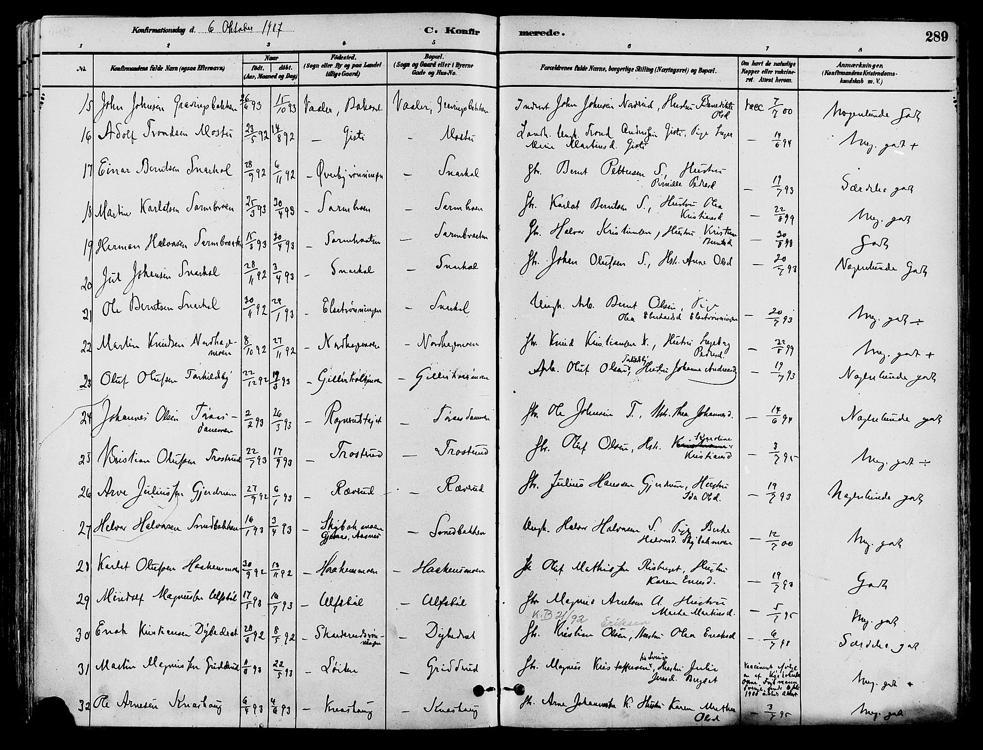 Våler prestekontor, Hedmark, AV/SAH-PREST-040/H/Ha/Haa/L0002: Ministerialbok nr. 3, 1879-1911, s. 289