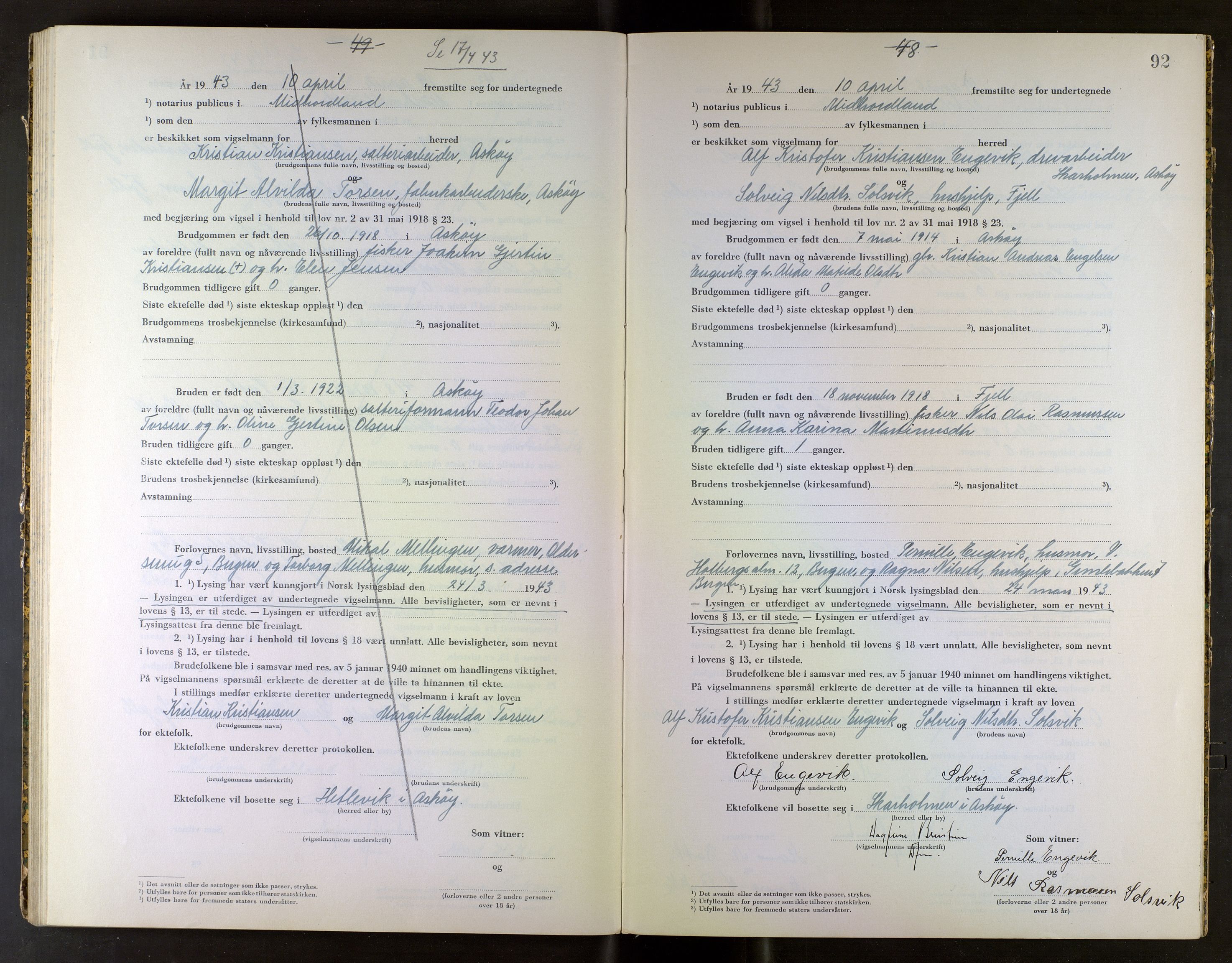 Midhordland sorenskriveri, SAB/A-3001/1/M/Mc/Mca/L0003: Notarialbilag. Vigselbøker, 1942-1943, s. 92