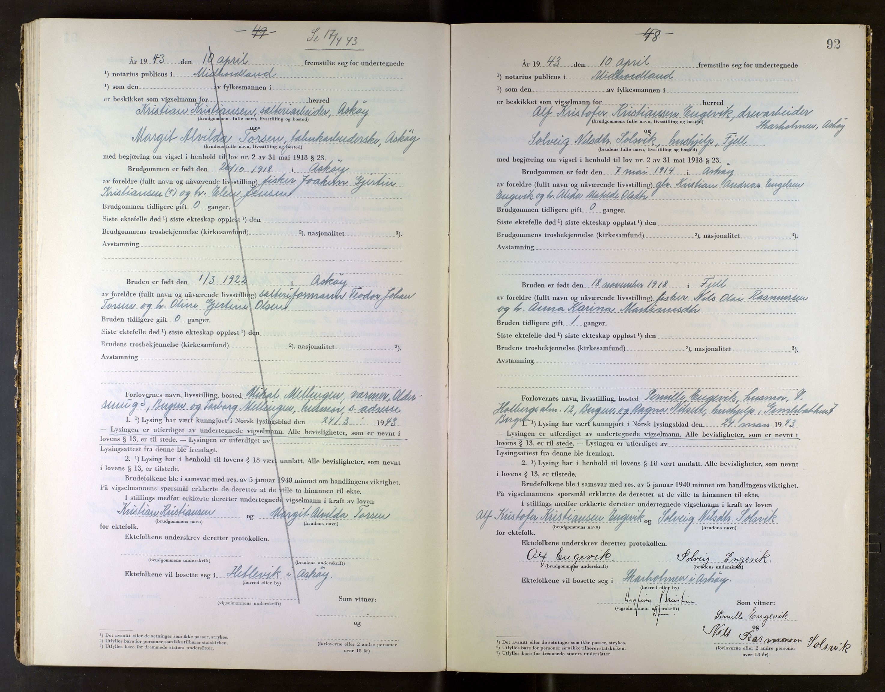 Midhordland sorenskriveri, AV/SAB-A-3001/1/M/Mc/Mca/L0003: Notarialbilag. Vigselbøker, 1942-1943, s. 92