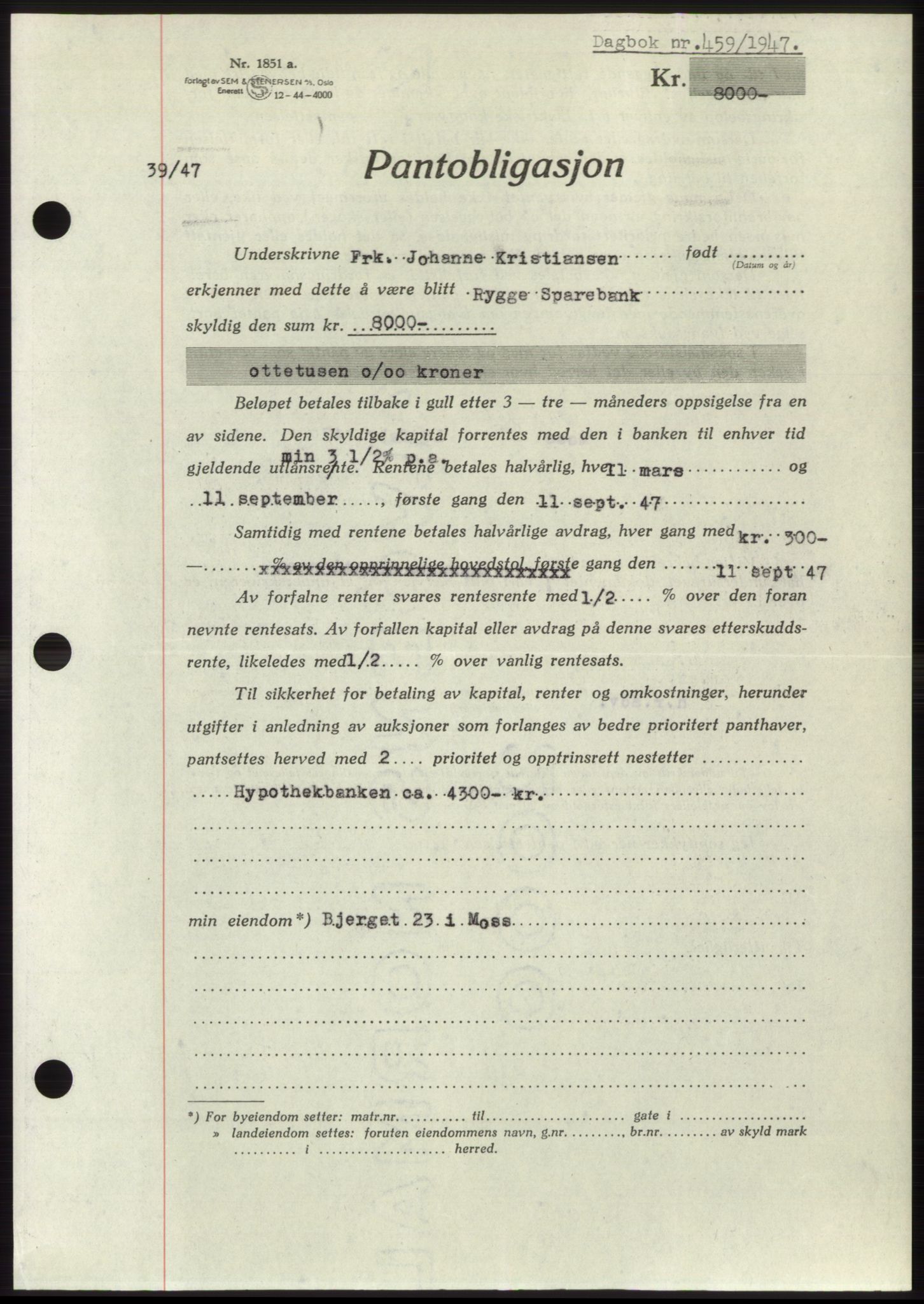 Moss sorenskriveri, SAO/A-10168: Pantebok nr. B16, 1946-1947, Dagboknr: 459/1947