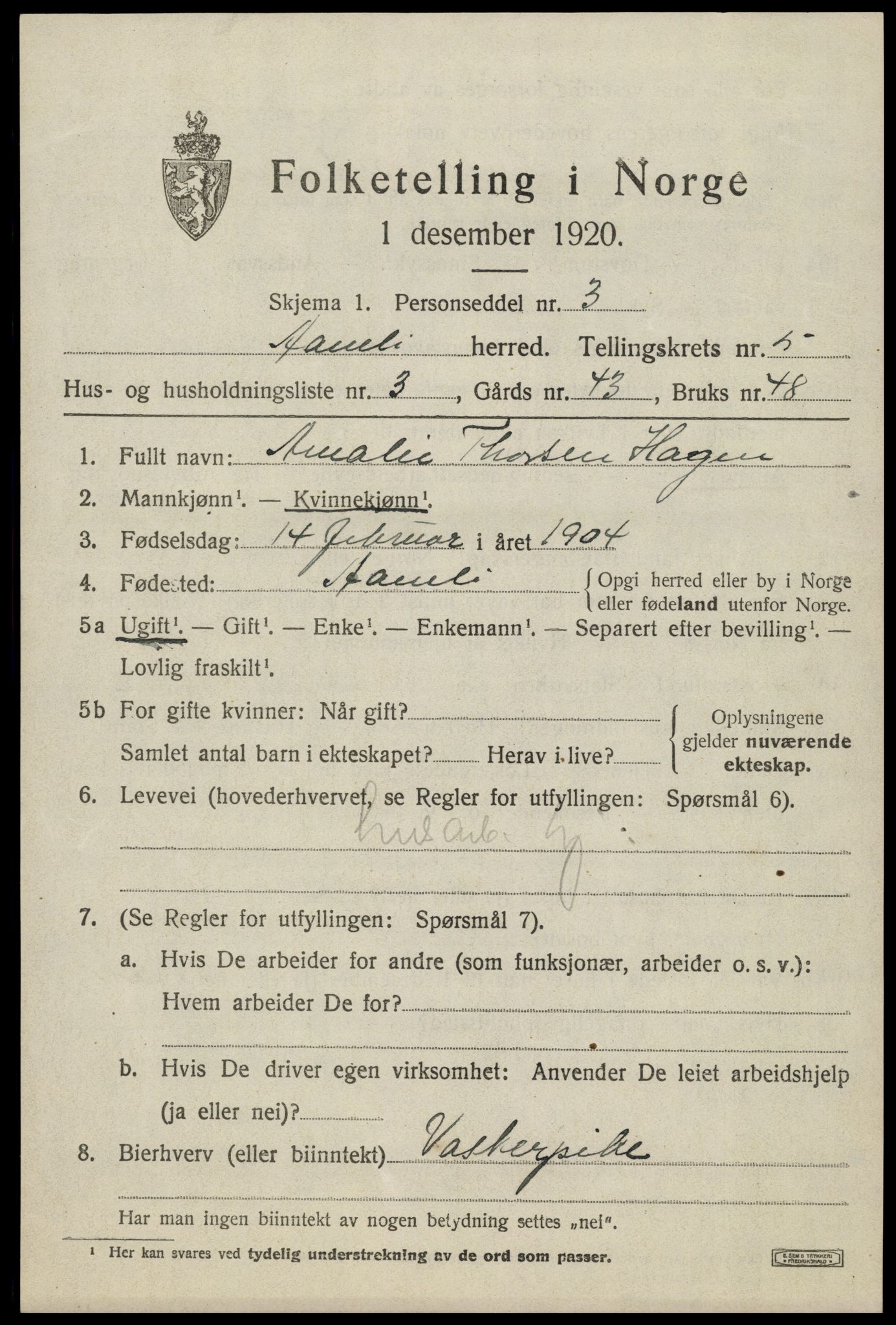 SAK, Folketelling 1920 for 0929 Åmli herred, 1920, s. 2311