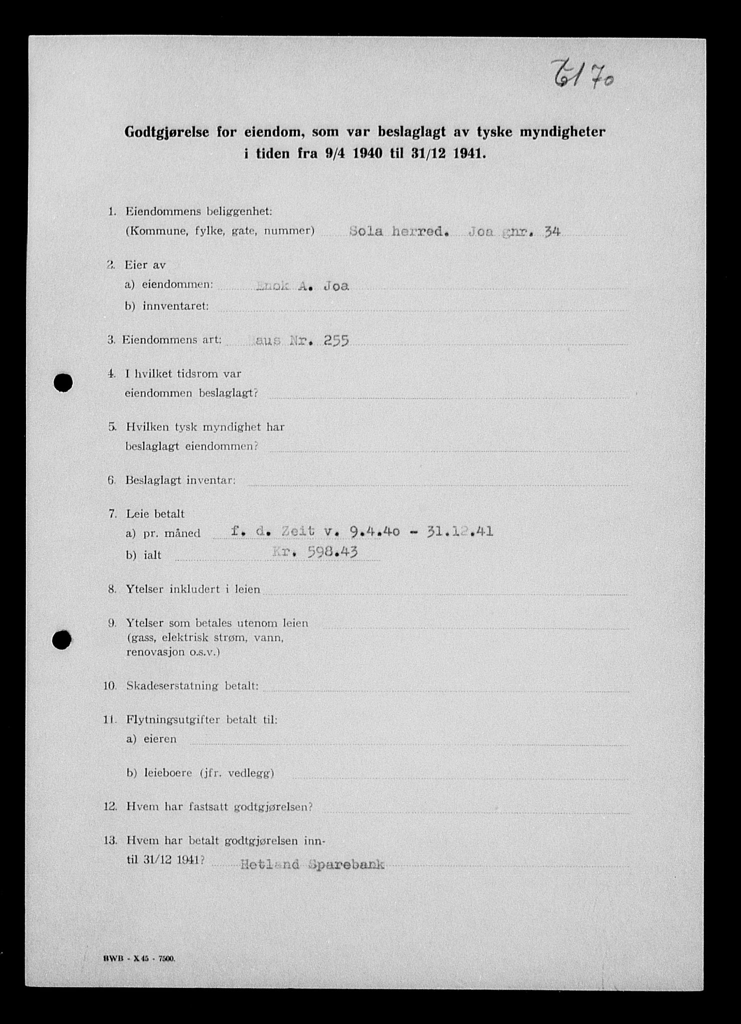 Justisdepartementet, Tilbakeføringskontoret for inndratte formuer, AV/RA-S-1564/I/L1014: Godtgjørelse for beslaglagt eiendom, 1940-1941, s. 380