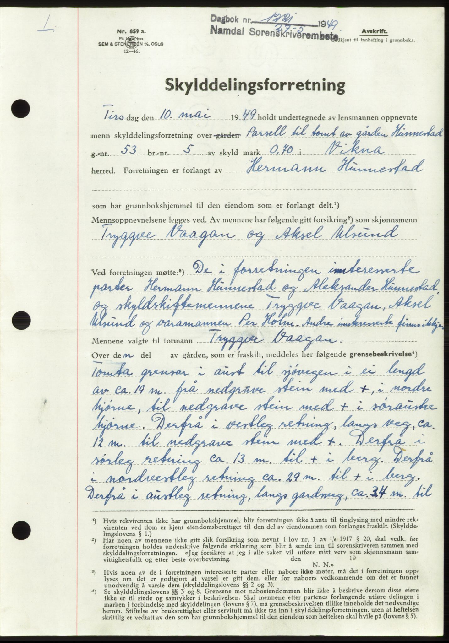 Namdal sorenskriveri, SAT/A-4133/1/2/2C: Pantebok nr. -, 1949-1949, Dagboknr: 1221/1949