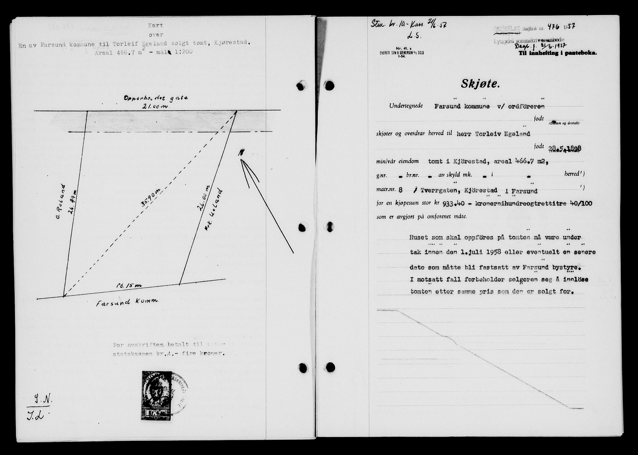 Lyngdal sorenskriveri, AV/SAK-1221-0004/G/Gb/L0676: Pantebok nr. A XXII, 1957-1957, Dagboknr: 476/1957
