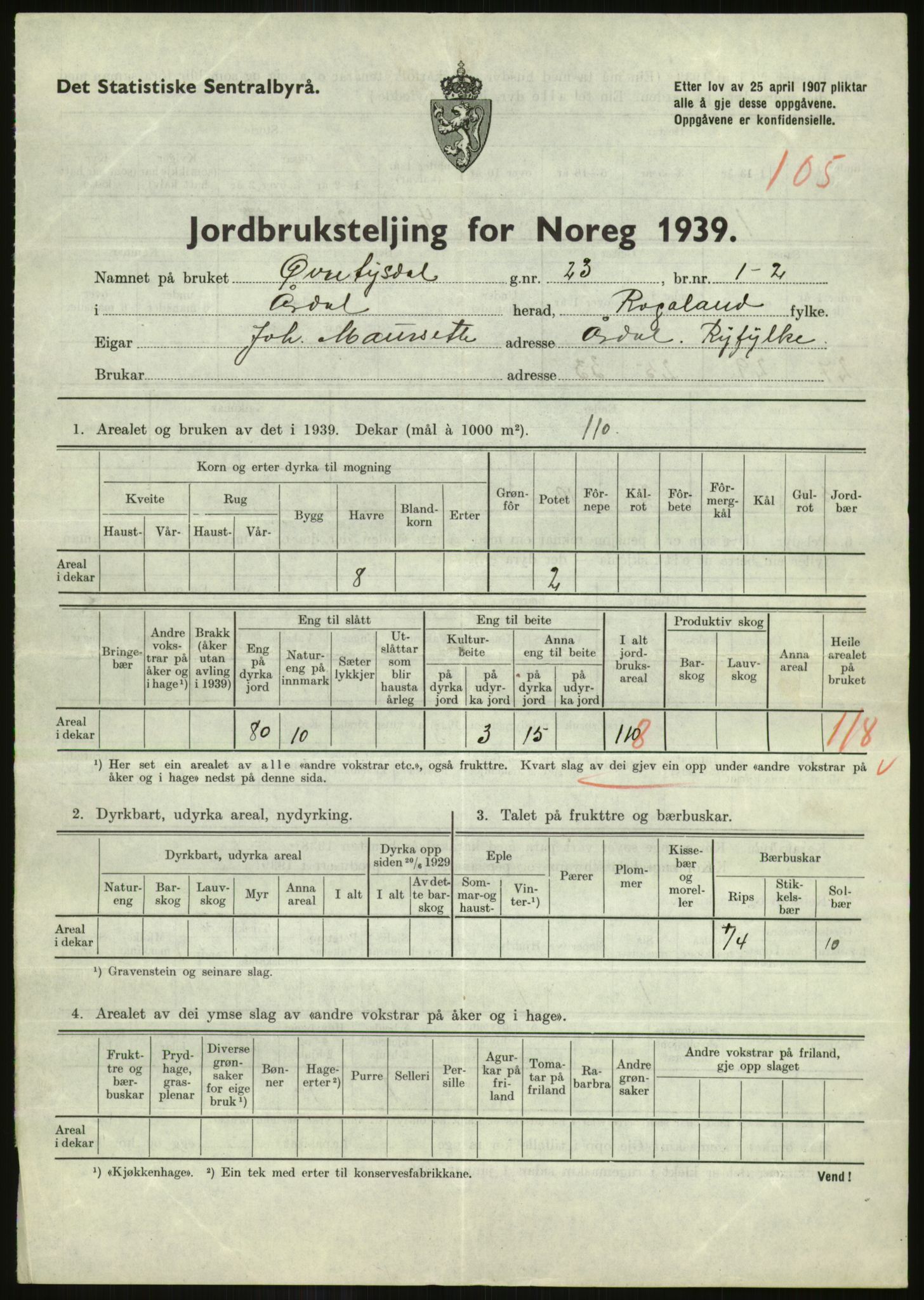 Statistisk sentralbyrå, Næringsøkonomiske emner, Jordbruk, skogbruk, jakt, fiske og fangst, AV/RA-S-2234/G/Gb/L0184: Rogaland: Årdal, Fister og Hjelmeland, 1939, s. 771