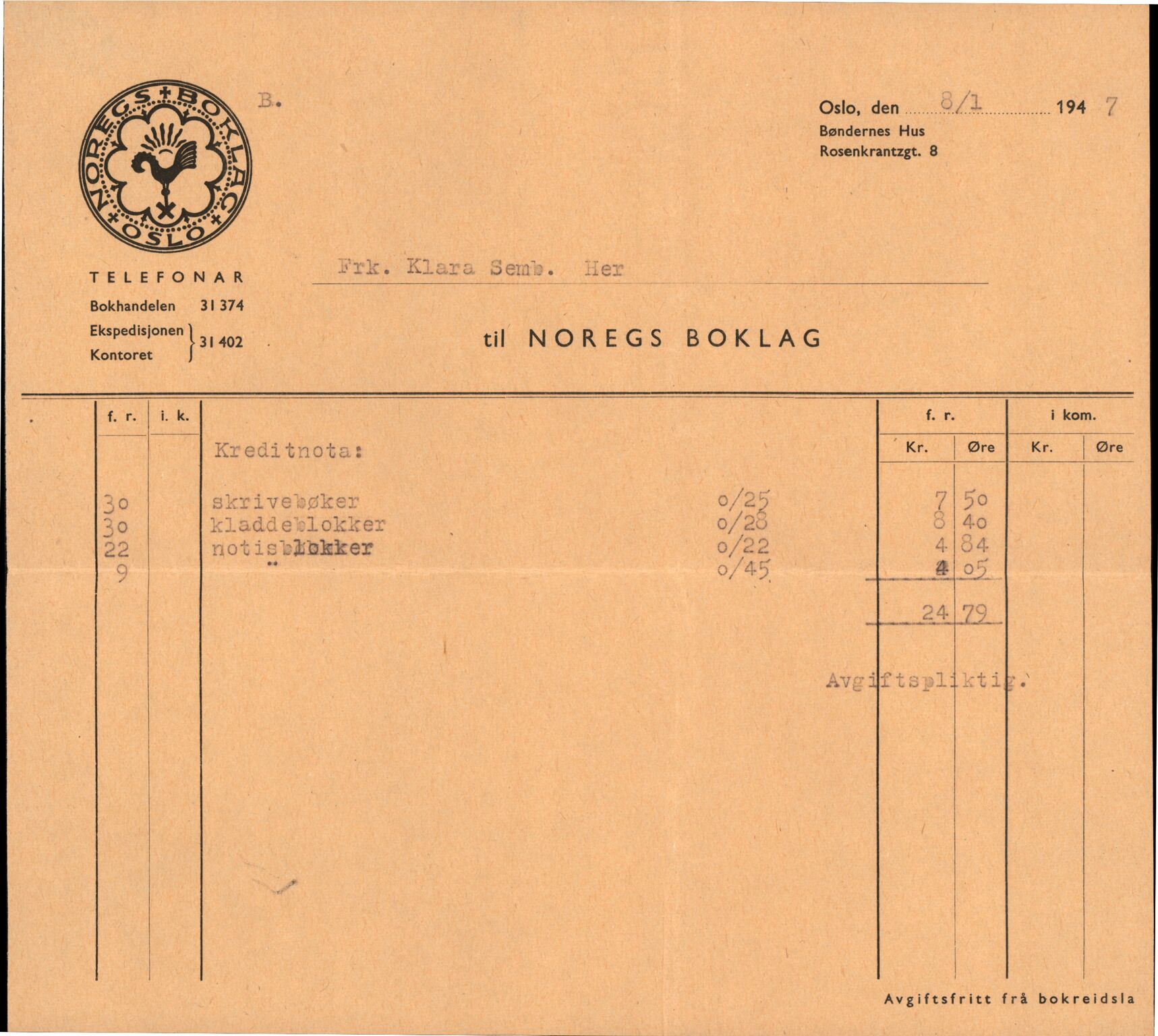 Samling etter Klara Semb, NSFF/KS/C/317: Kreditnotaer frå Noregs Boklag, 1947