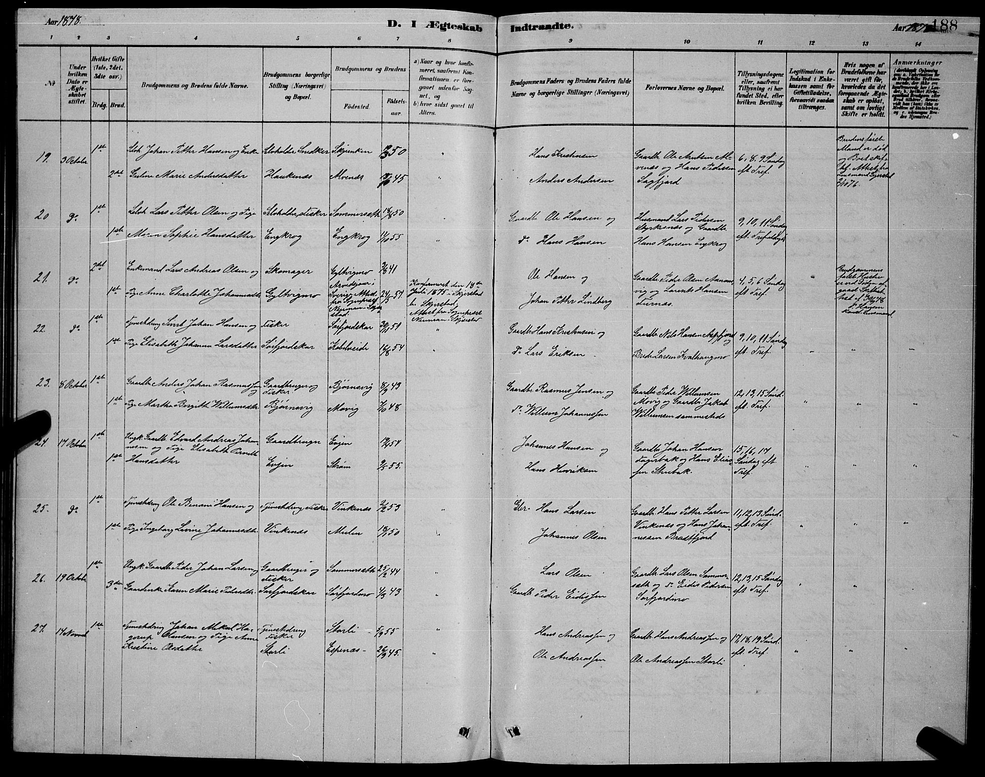 Ministerialprotokoller, klokkerbøker og fødselsregistre - Nordland, AV/SAT-A-1459/853/L0776: Klokkerbok nr. 853C04, 1878-1889, s. 188