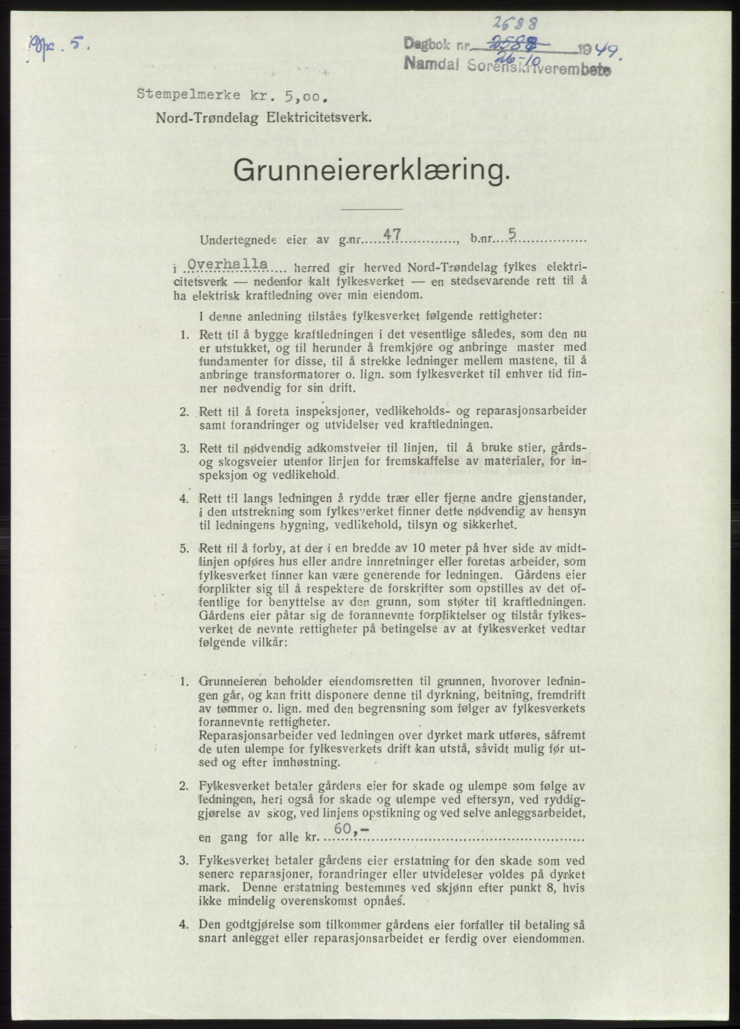Namdal sorenskriveri, SAT/A-4133/1/2/2C: Pantebok nr. -, 1949-1949, Dagboknr: 2588/1949