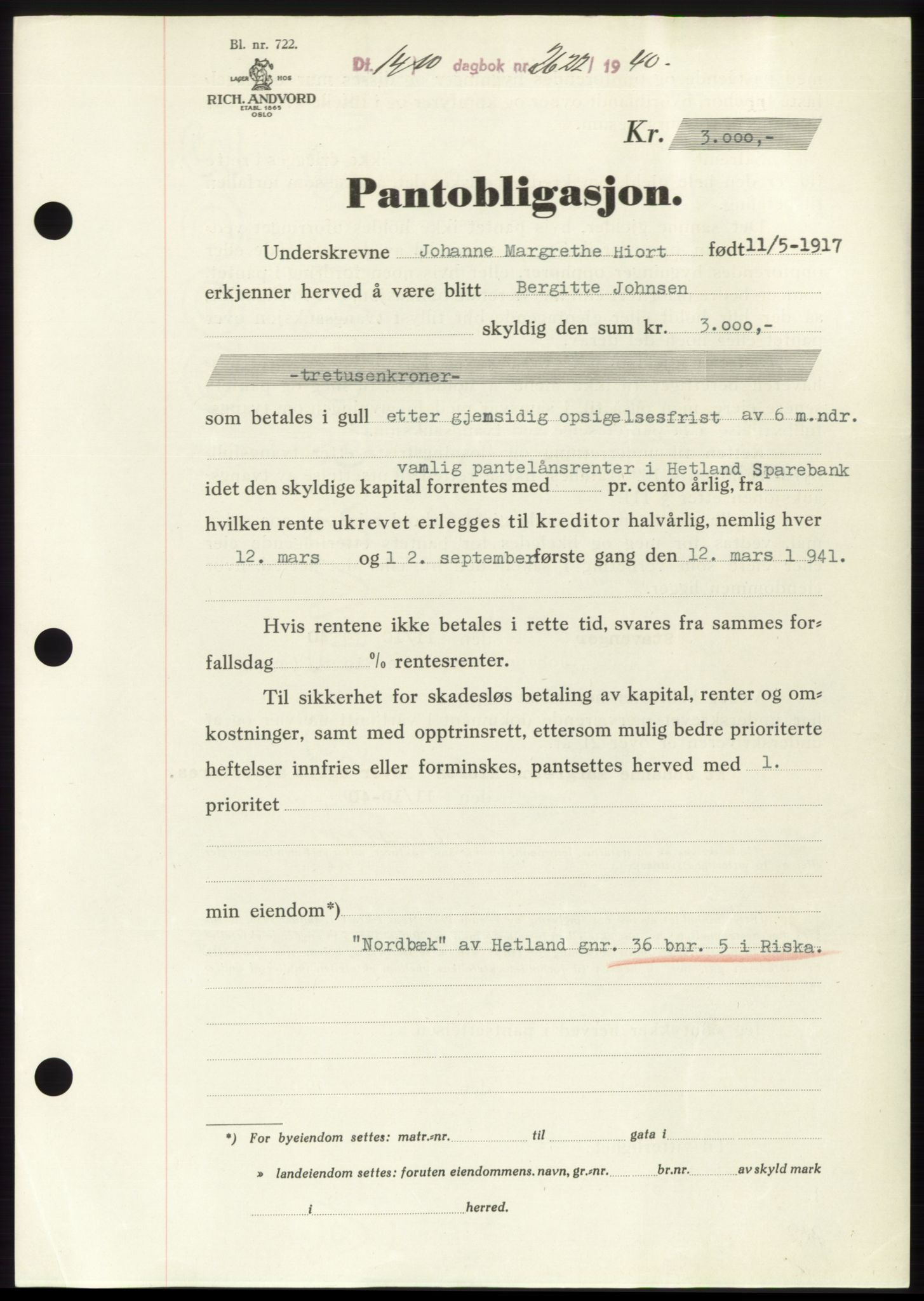 Jæren sorenskriveri, SAST/A-100310/03/G/Gba/L0078: Pantebok, 1940-1940, Dagboknr: 2622/1940