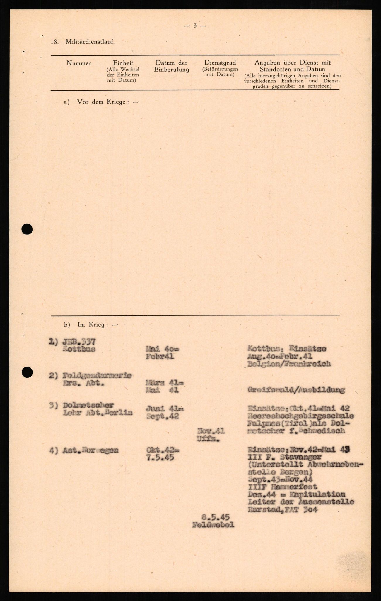 Forsvaret, Forsvarets overkommando II, RA/RAFA-3915/D/Db/L0009: CI Questionaires. Tyske okkupasjonsstyrker i Norge. Tyskere., 1945-1946, s. 407