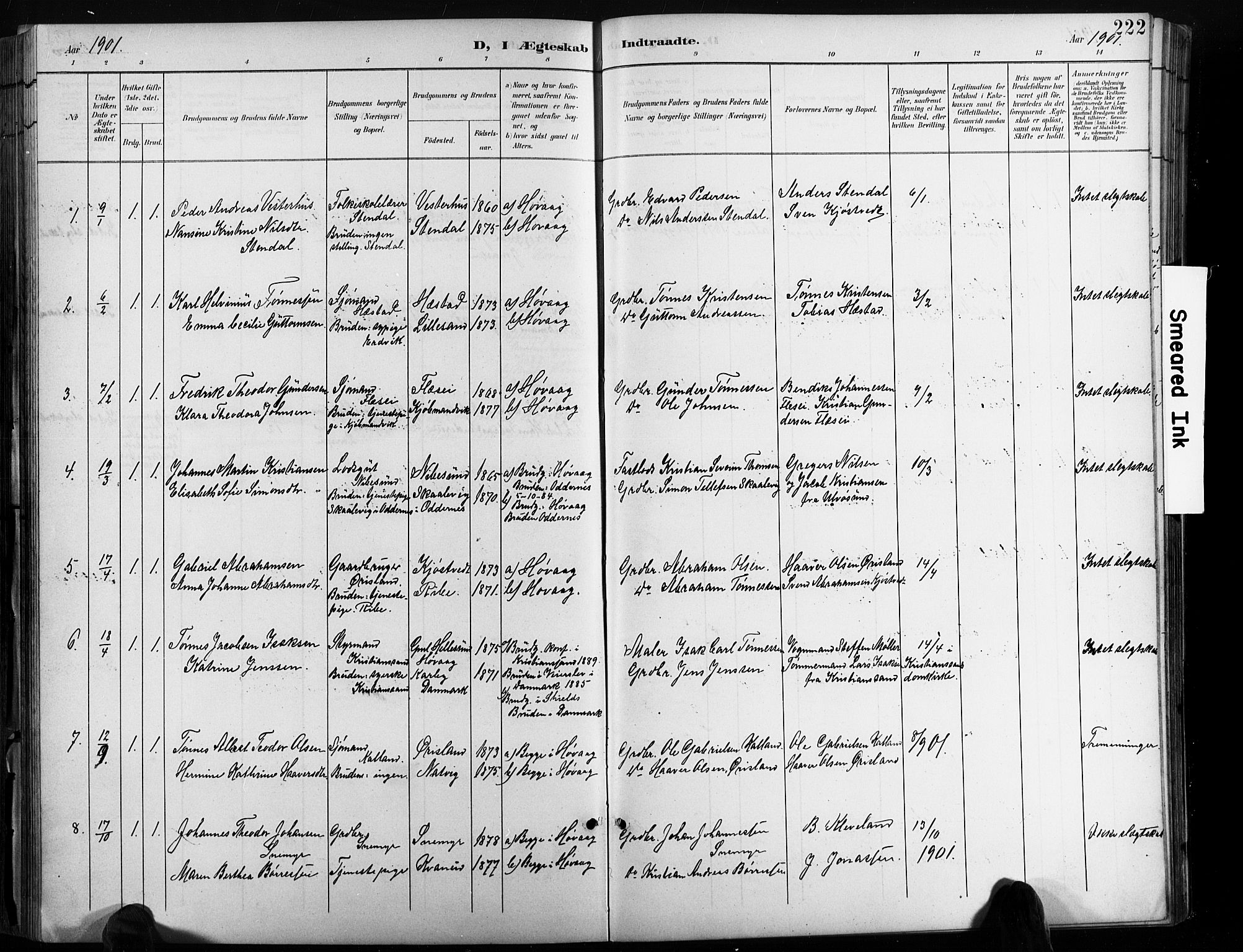 Høvåg sokneprestkontor, SAK/1111-0025/F/Fb/L0005: Klokkerbok nr. B 5, 1898-1929, s. 222