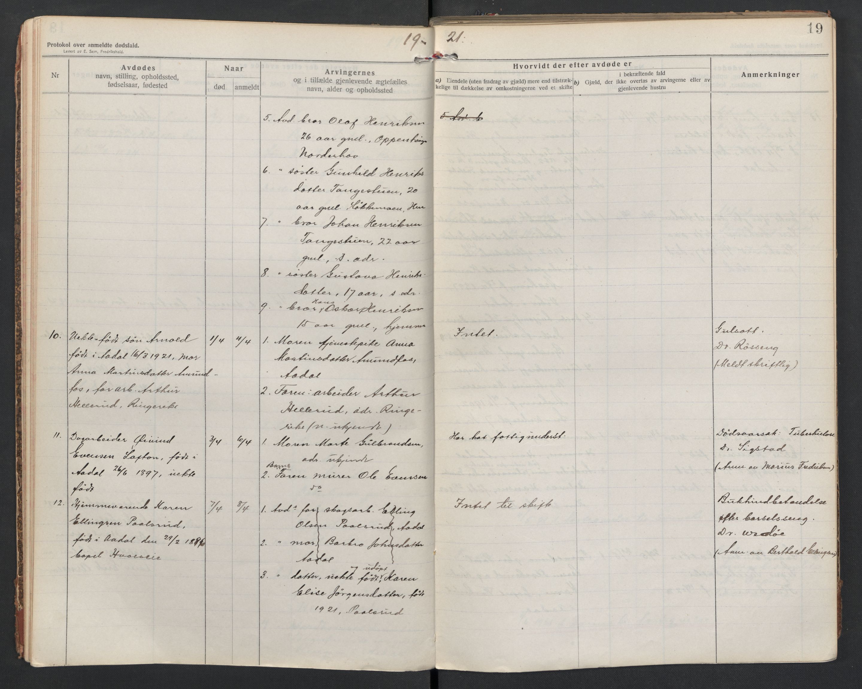 Ådal lensmannskontor, AV/SAKO-A-518/H/Ha/L0001/0002: Dødsfallsprotokoll  / Dødsfallsprotokoll 2, 1919-1942, s. 19