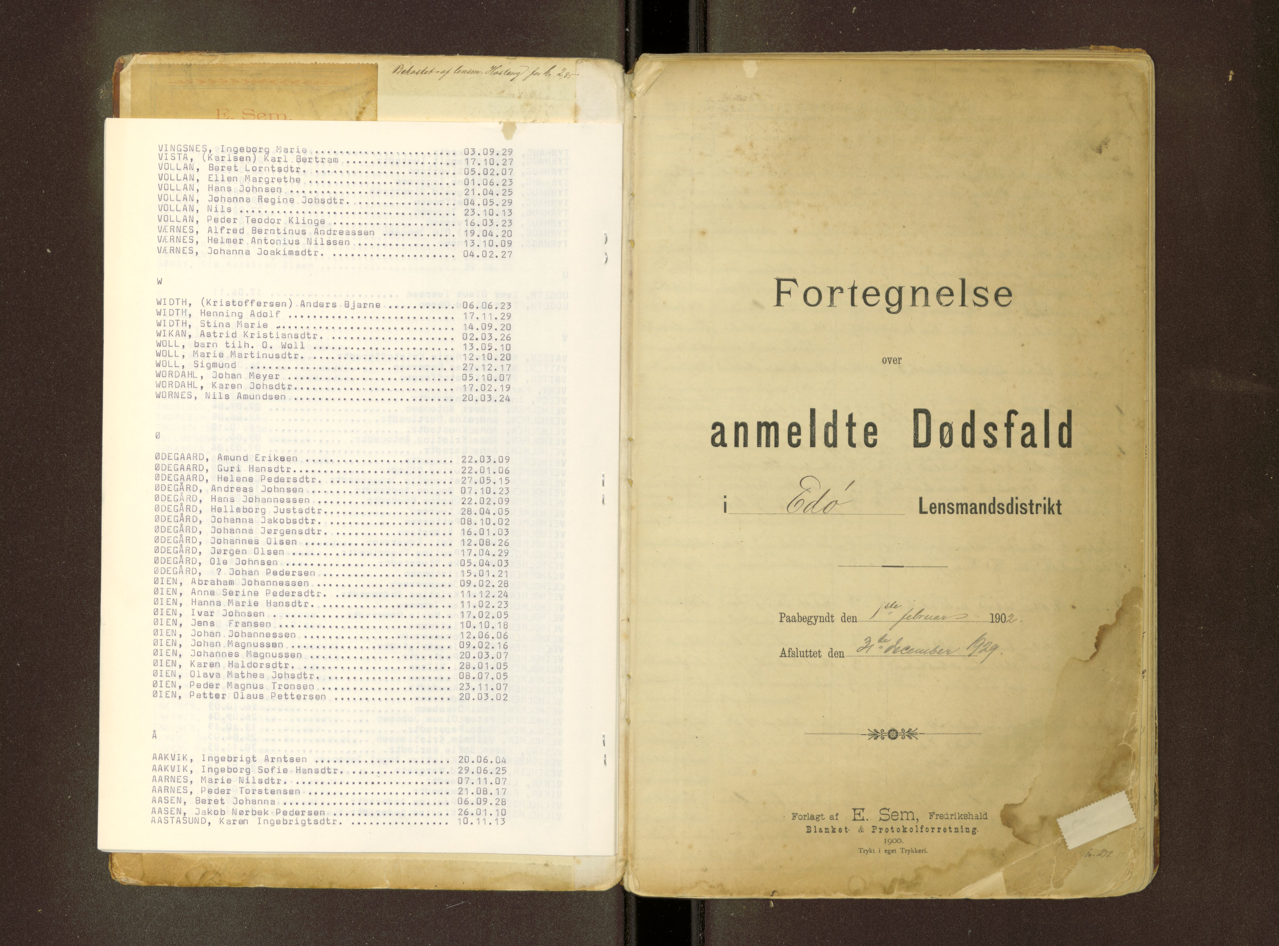 Smøla lensmannskontor, AV/SAT-A-5661/2/G/Ga/L0001: Dødsfallprotokoll, 1902-1929