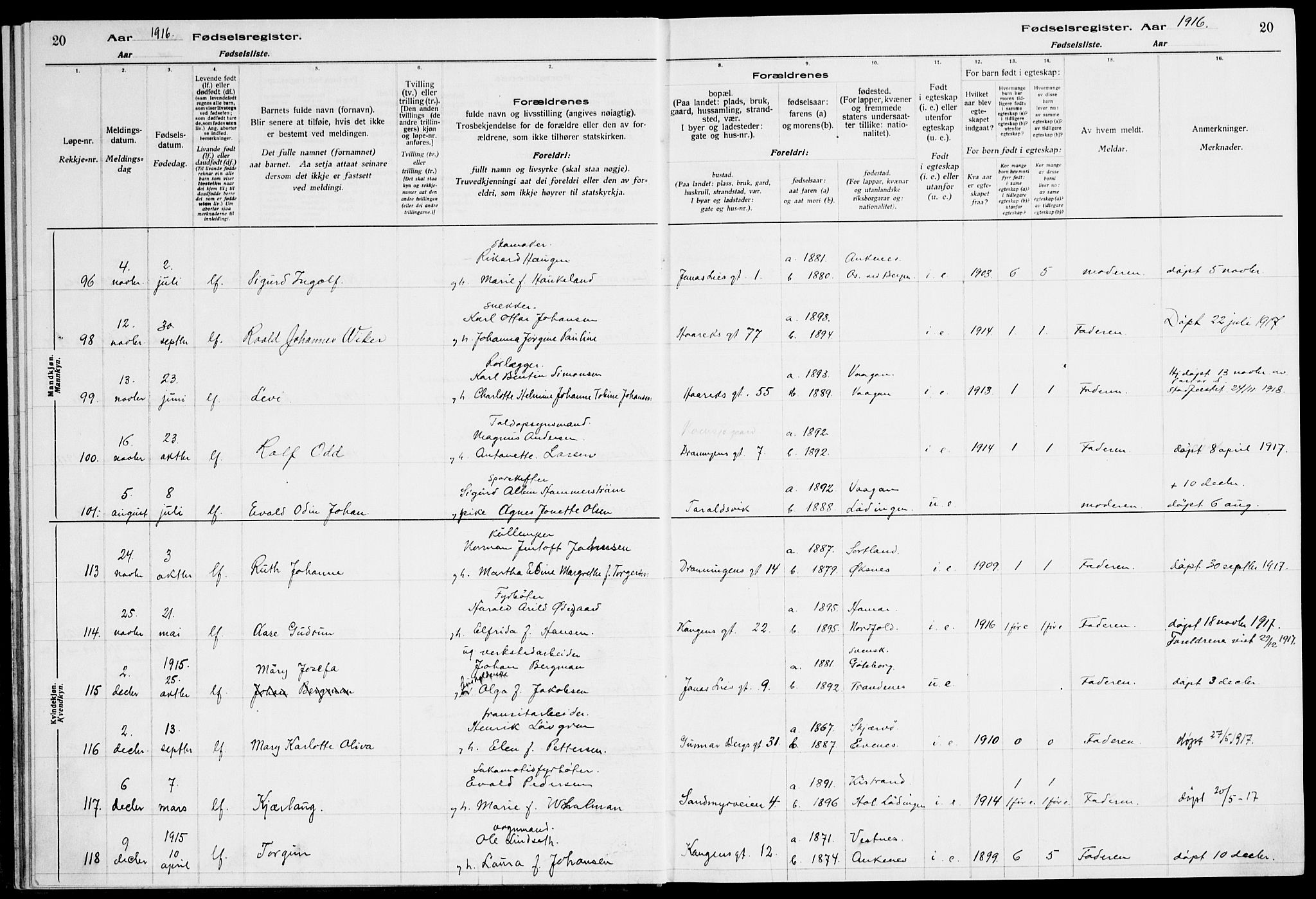 Ministerialprotokoller, klokkerbøker og fødselsregistre - Nordland, AV/SAT-A-1459/871/L1013: Fødselsregister nr. 871.II.4.1, 1916-1924, s. 20