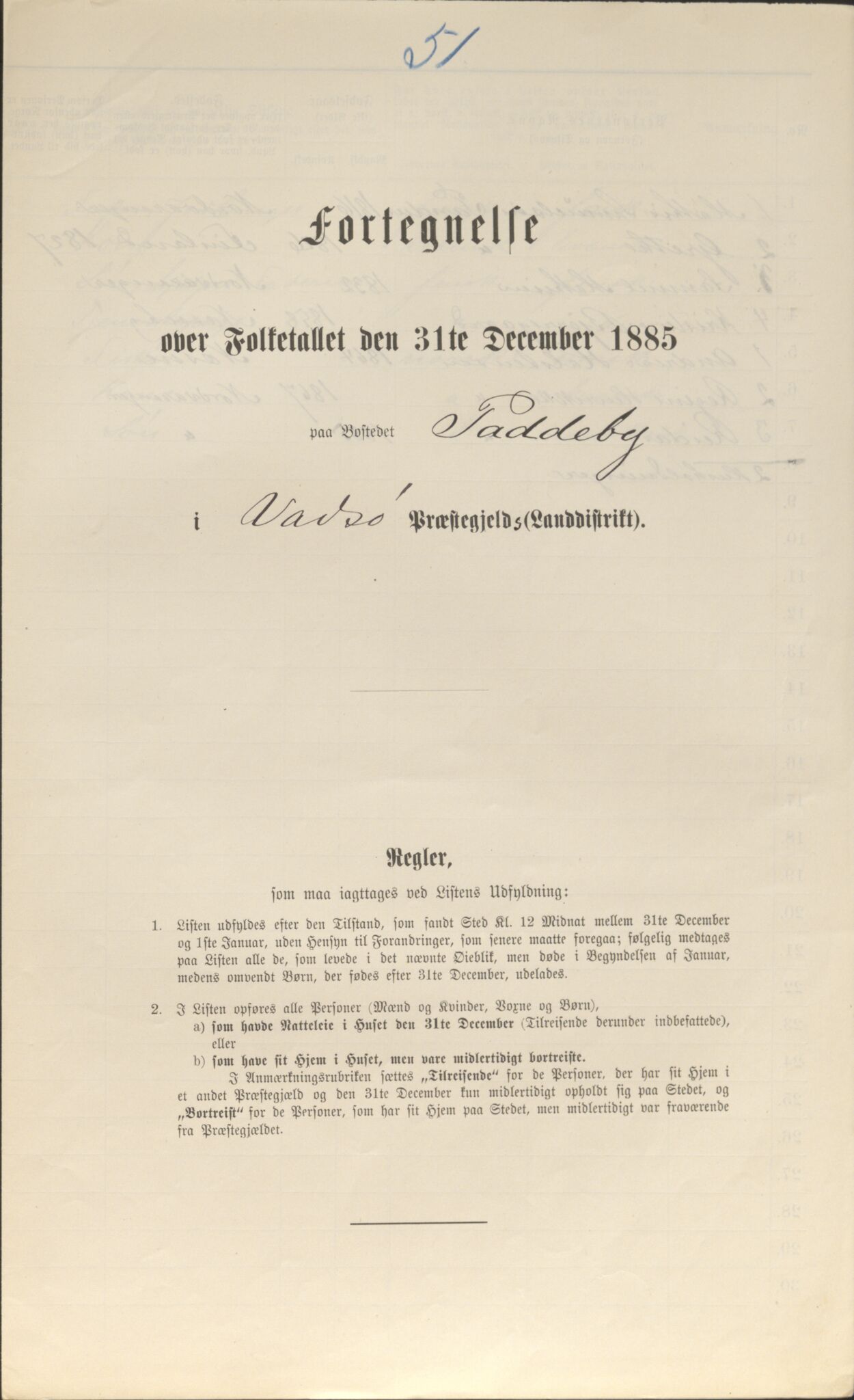 SATØ, Folketelling 1885 for 2029 Vadsø landsogn, 1885, s. 51a