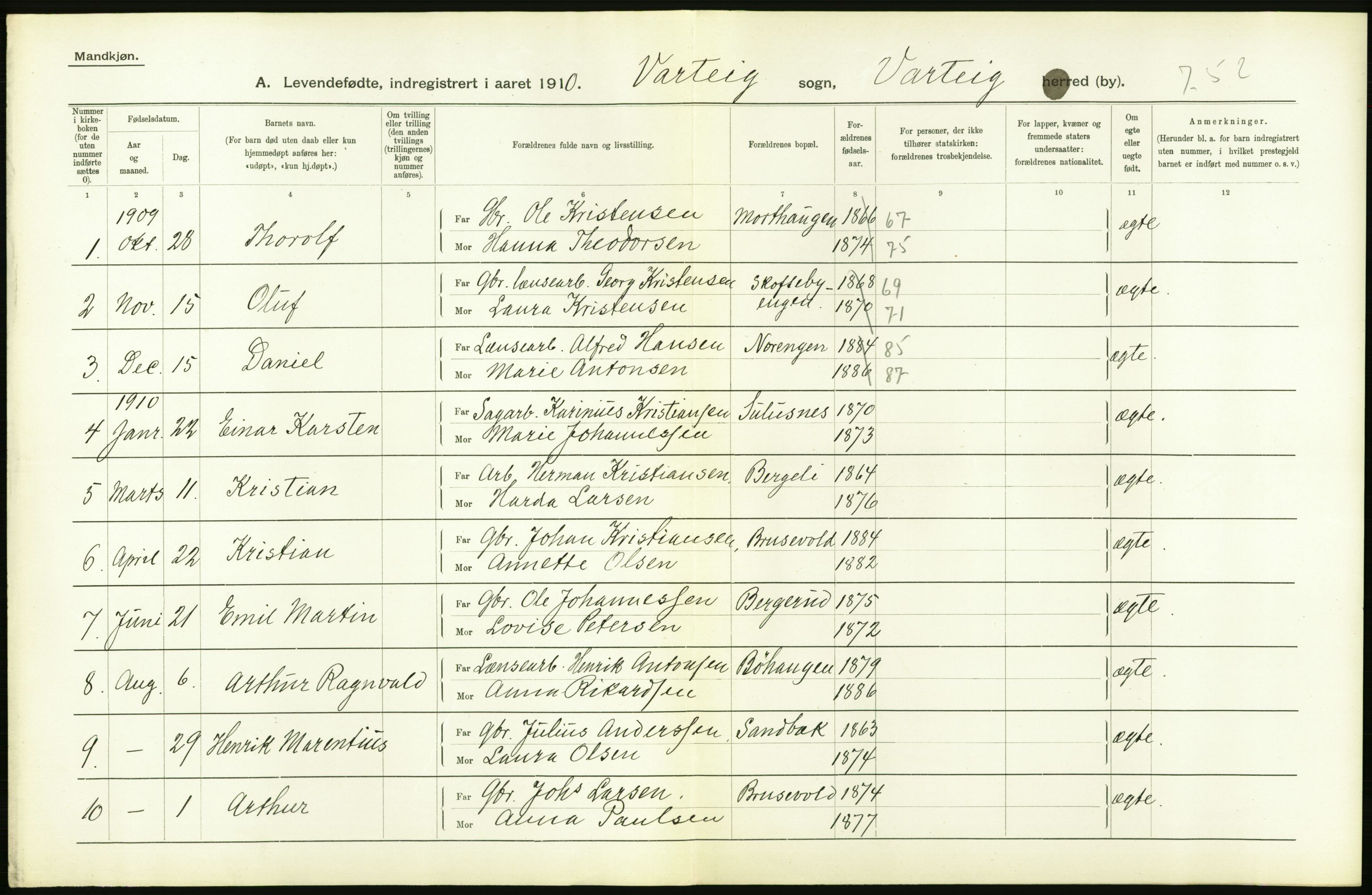 Statistisk sentralbyrå, Sosiodemografiske emner, Befolkning, RA/S-2228/D/Df/Dfa/Dfah/L0001: Smålenenes amt: Levendefødte menn og kvinner. Bygder., 1910, s. 300