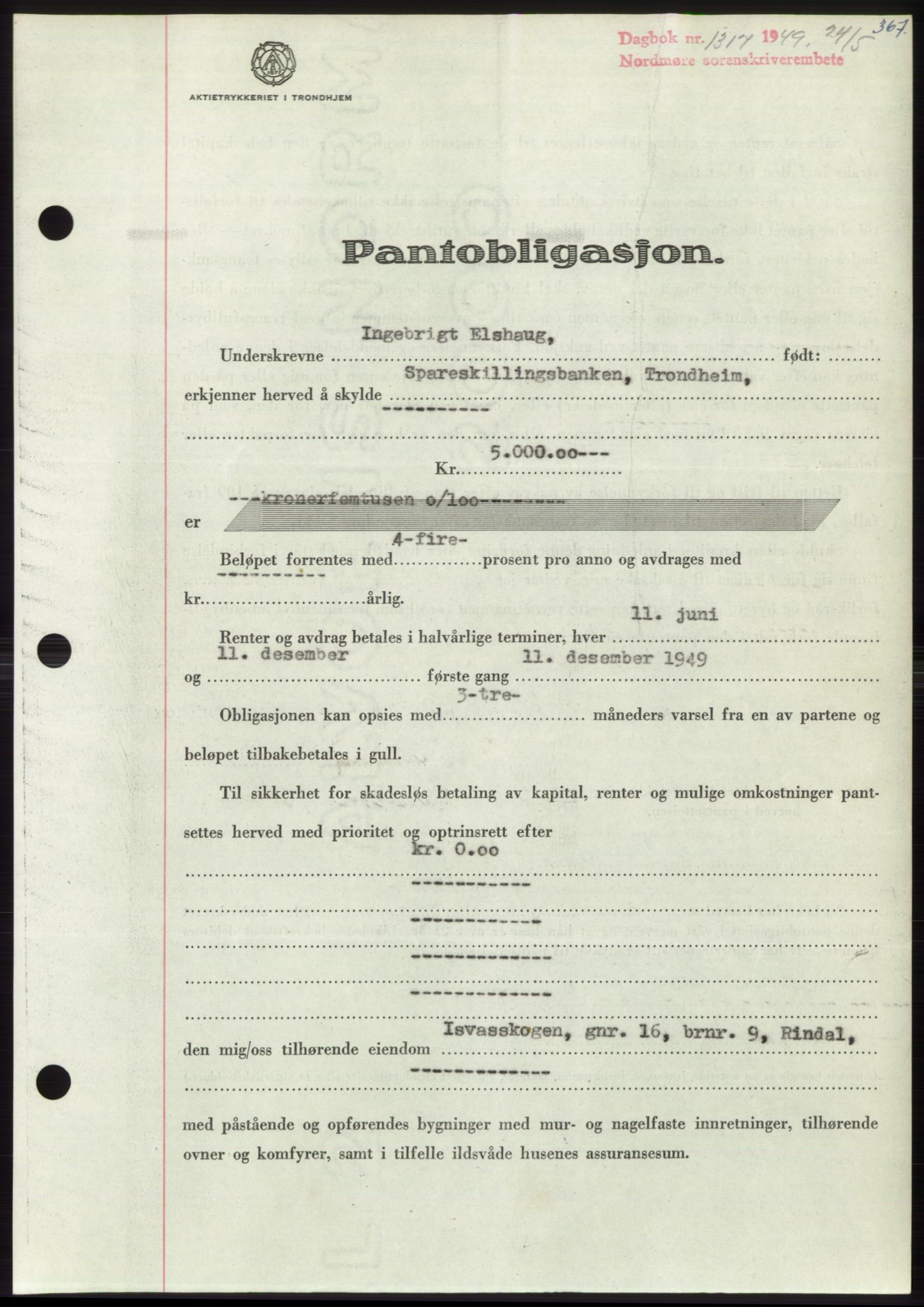 Nordmøre sorenskriveri, AV/SAT-A-4132/1/2/2Ca: Pantebok nr. B101, 1949-1949, Dagboknr: 1317/1949