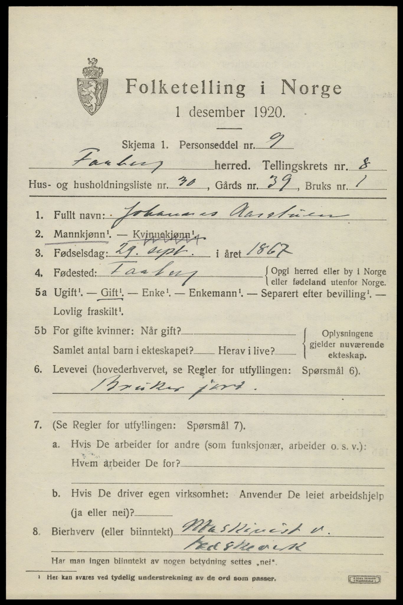 SAH, Folketelling 1920 for 0524 Fåberg herred, 1920, s. 9552