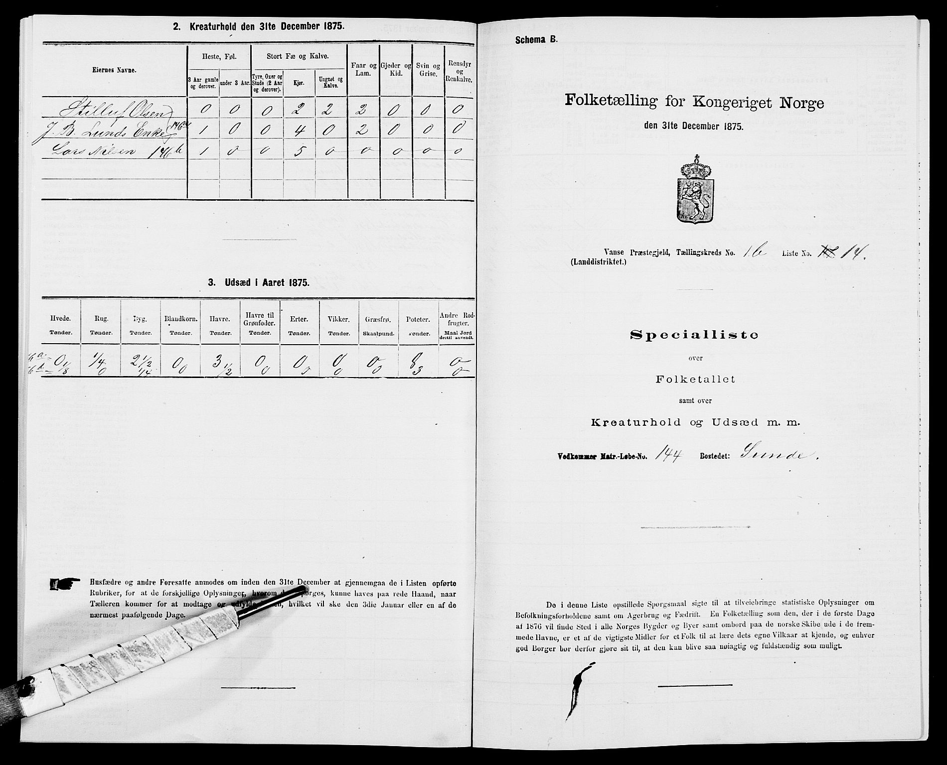 SAK, Folketelling 1875 for 1041L Vanse prestegjeld, Vanse sokn og Farsund landsokn, 1875, s. 290