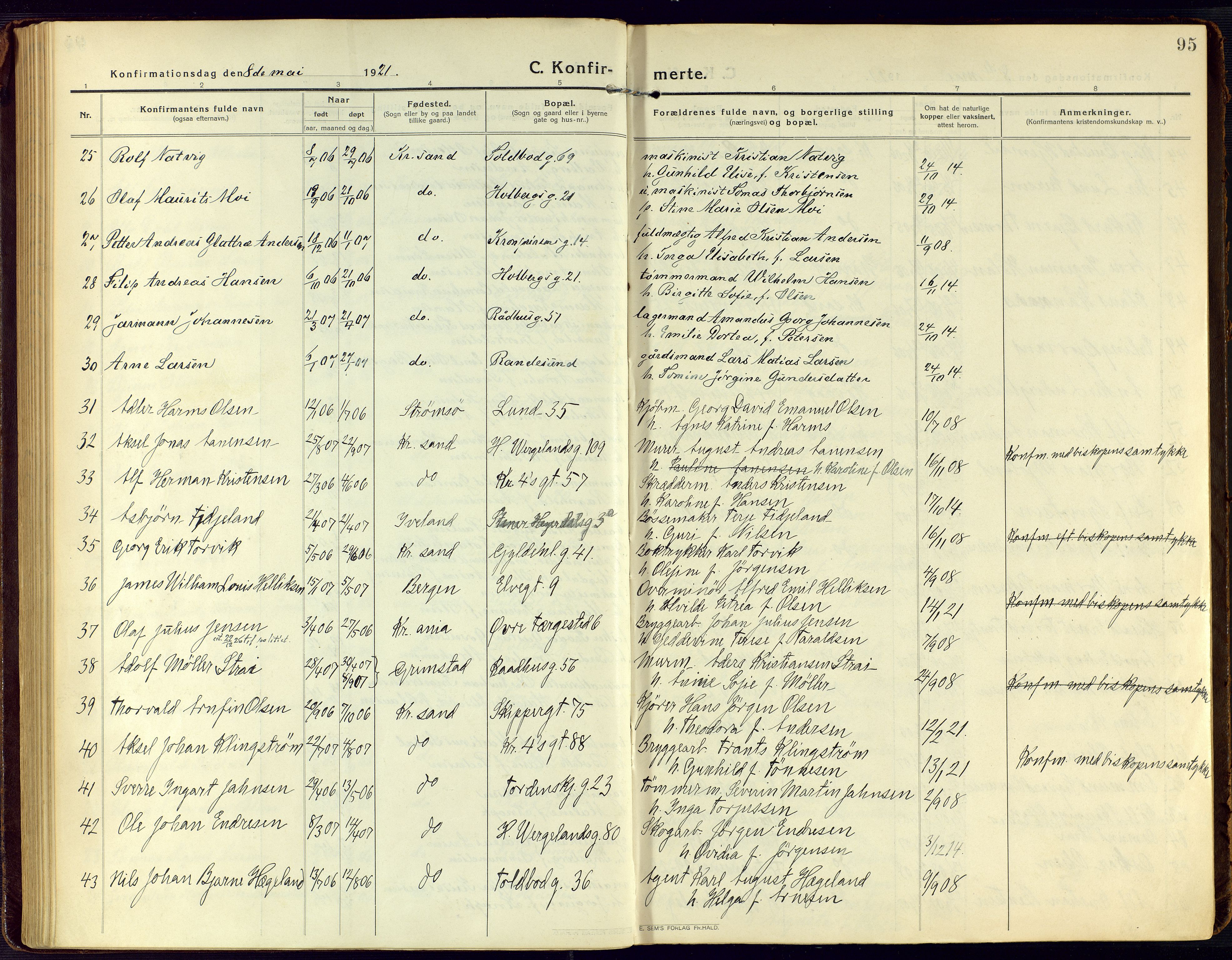 Kristiansand domprosti, AV/SAK-1112-0006/F/Fa/L0026: Ministerialbok nr. A 25, 1916-1928, s. 95