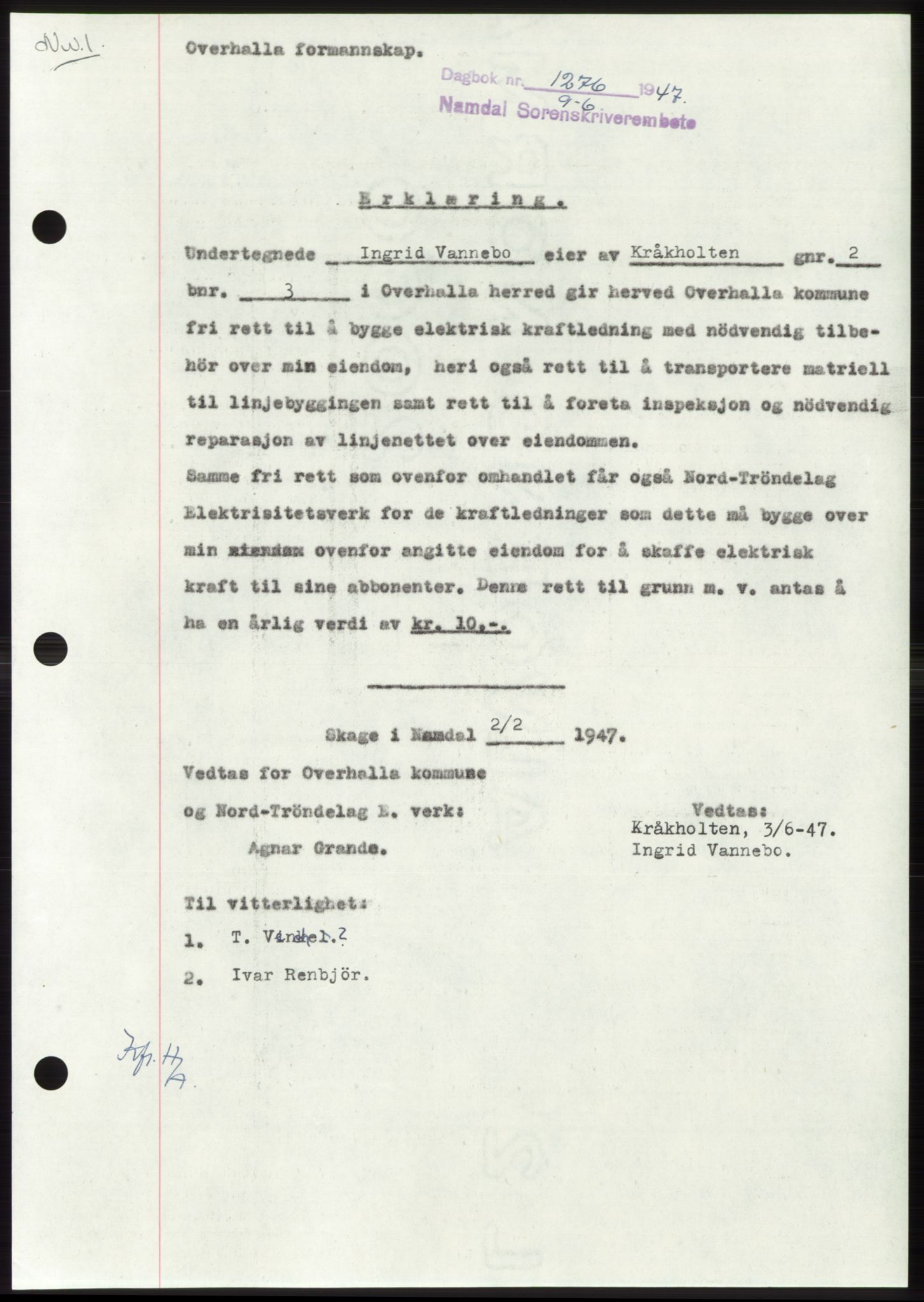 Namdal sorenskriveri, SAT/A-4133/1/2/2C: Pantebok nr. -, 1947-1947, Dagboknr: 1276/1947