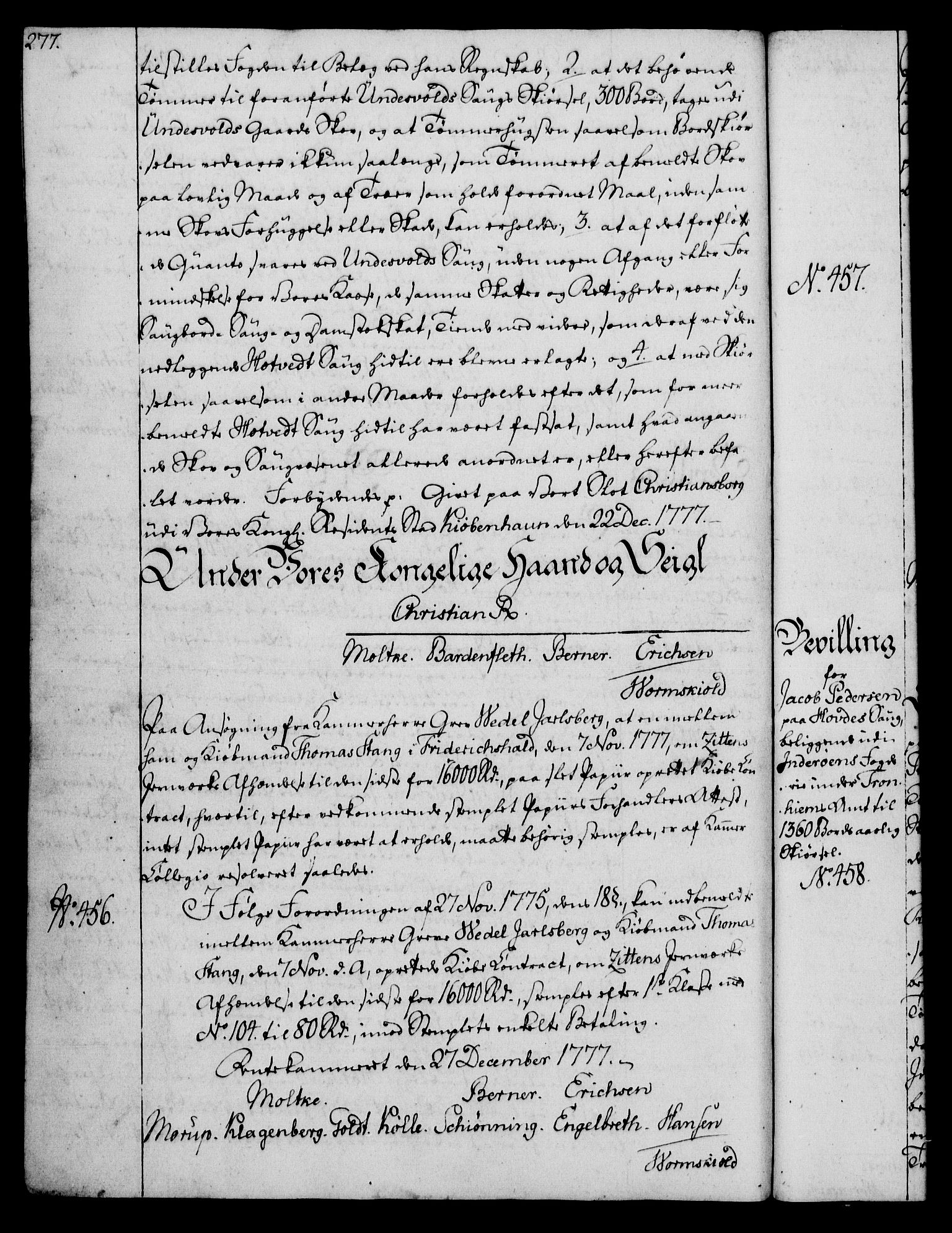 Rentekammeret, Kammerkanselliet, RA/EA-3111/G/Gg/Gga/L0010: Norsk ekspedisjonsprotokoll med register (merket RK 53.10), 1773-1778, s. 277
