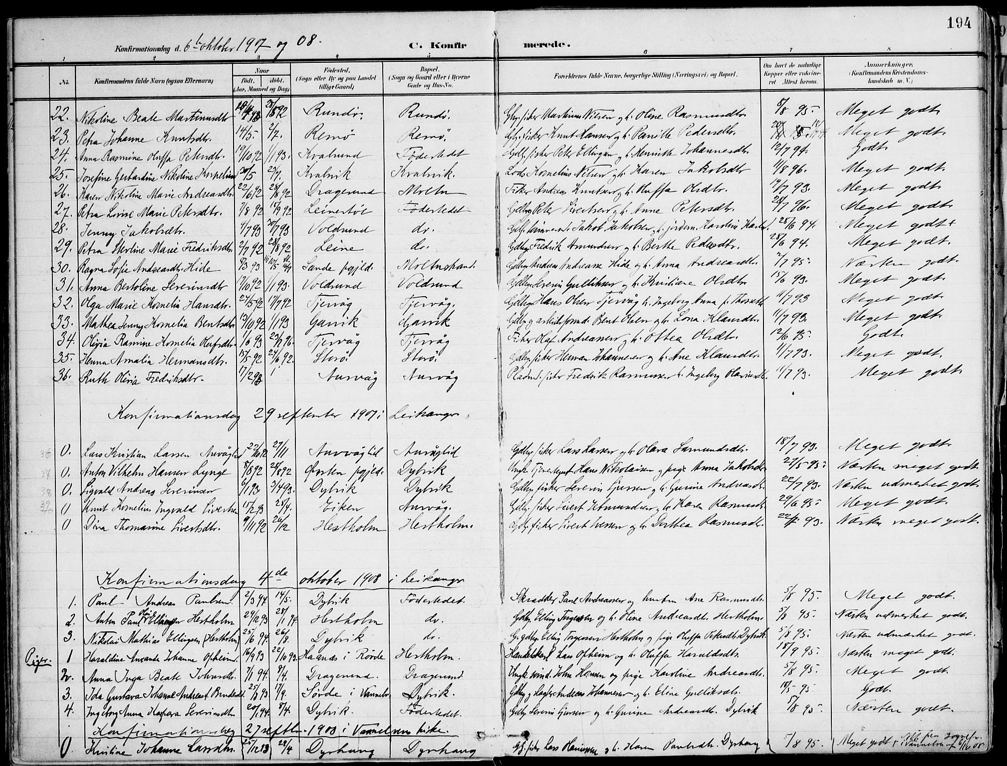 Ministerialprotokoller, klokkerbøker og fødselsregistre - Møre og Romsdal, SAT/A-1454/507/L0075: Ministerialbok nr. 507A10, 1901-1920, s. 194