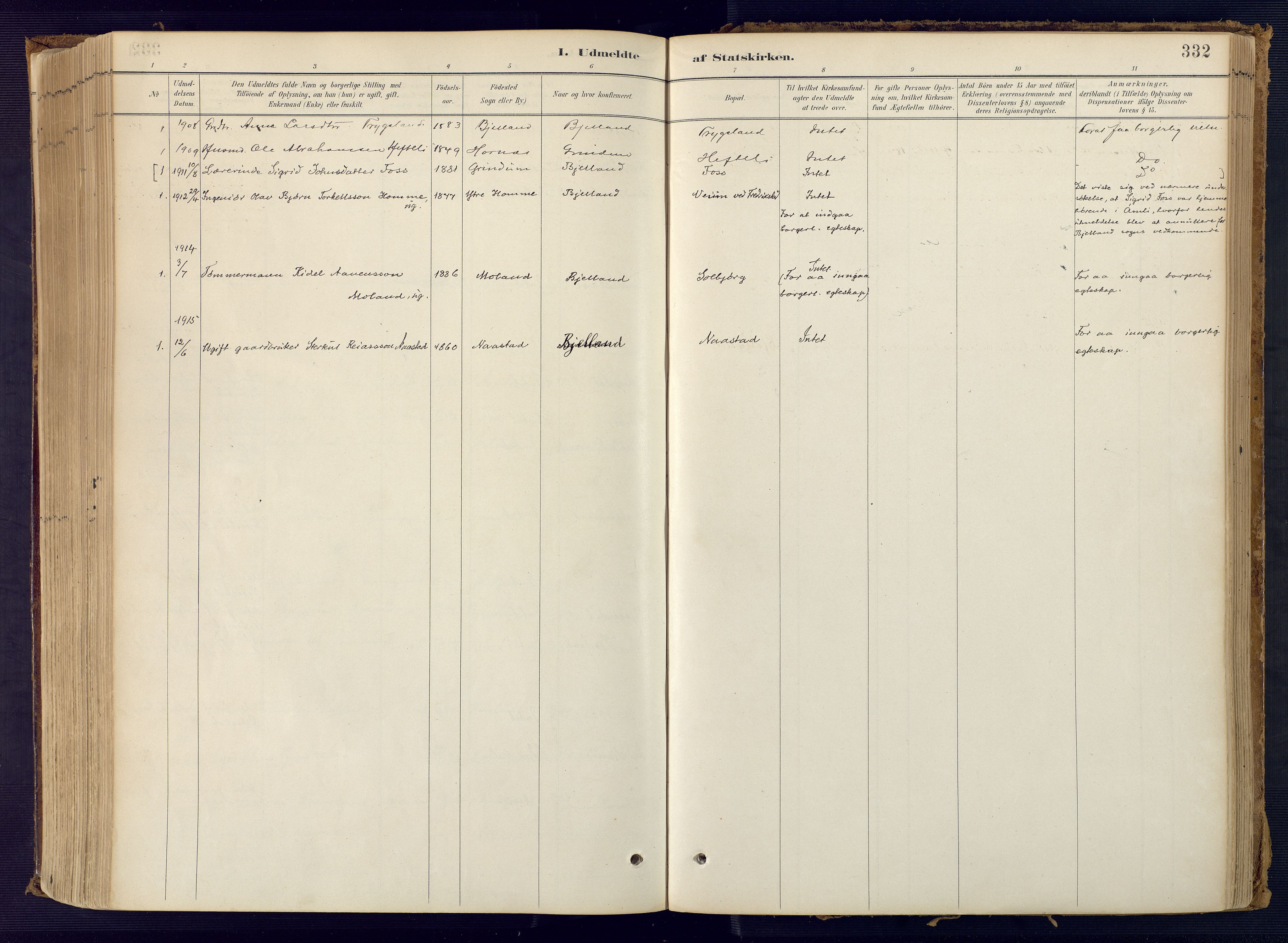 Bjelland sokneprestkontor, AV/SAK-1111-0005/F/Fa/Faa/L0004: Ministerialbok nr. A 4, 1887-1923, s. 332