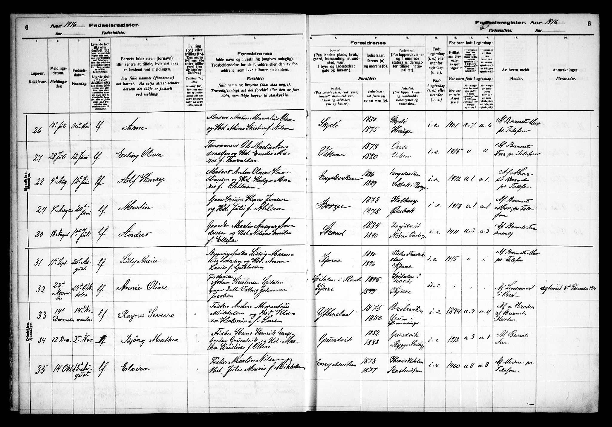 Onsøy prestekontor Kirkebøker, AV/SAO-A-10914/J/Ja/L0001: Fødselsregister nr. I 1, 1916-1937, s. 6