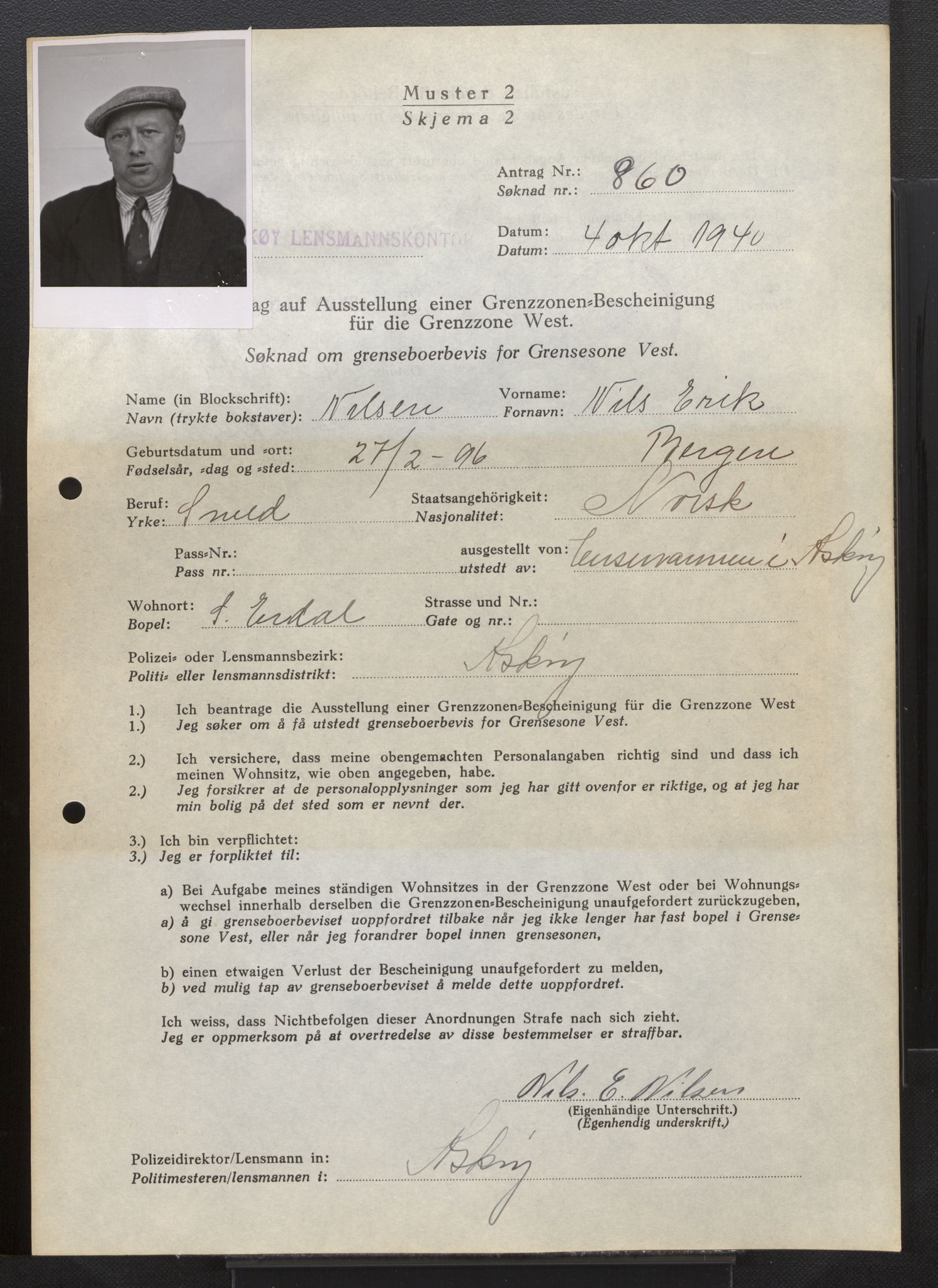 Lensmannen i Askøy, AV/SAB-A-31001/0026/L0005: Søknader om grensebuarbevis 851 - 1275, 1940, s. 19