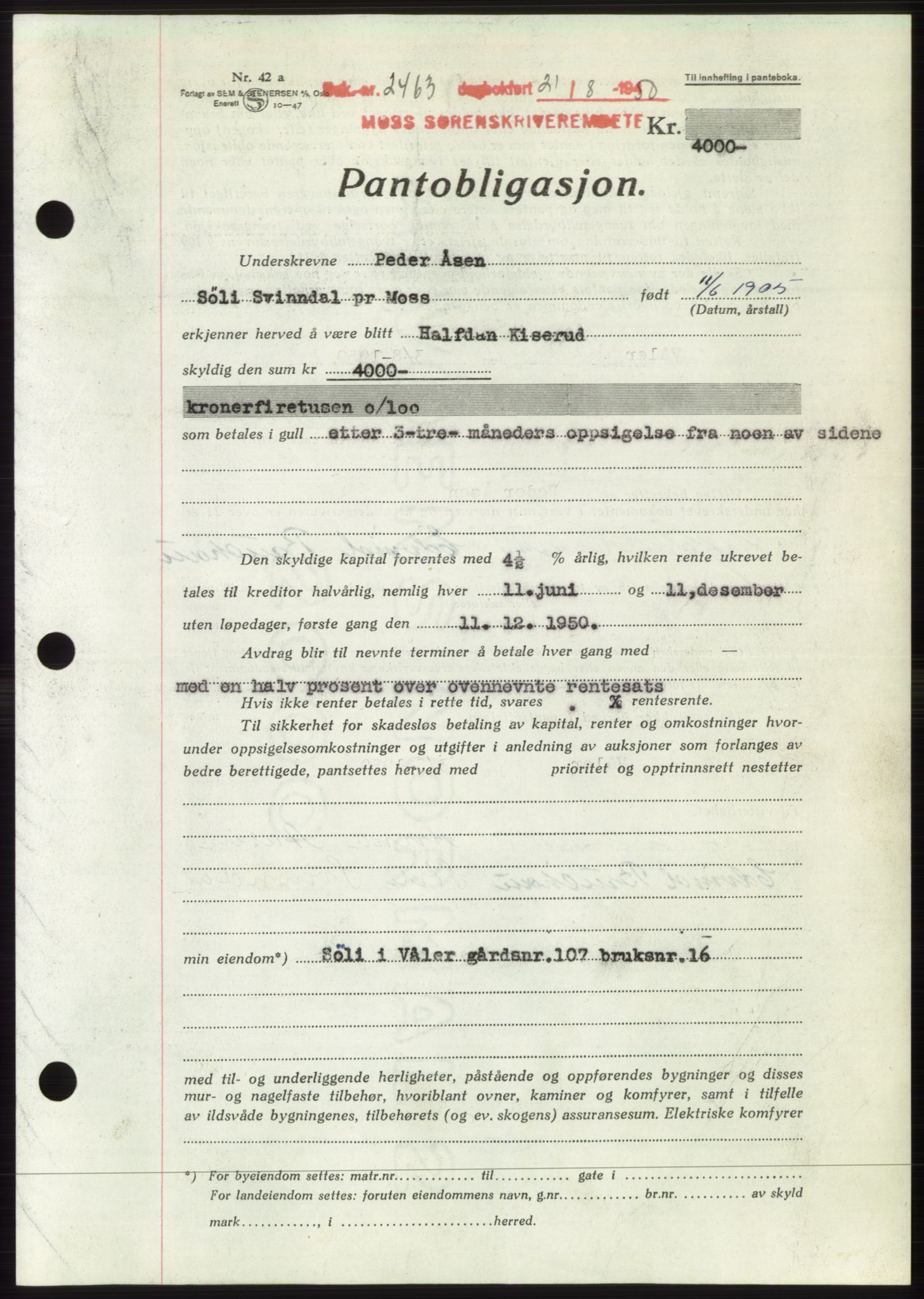 Moss sorenskriveri, SAO/A-10168: Pantebok nr. B25, 1950-1950, Dagboknr: 2463/1950