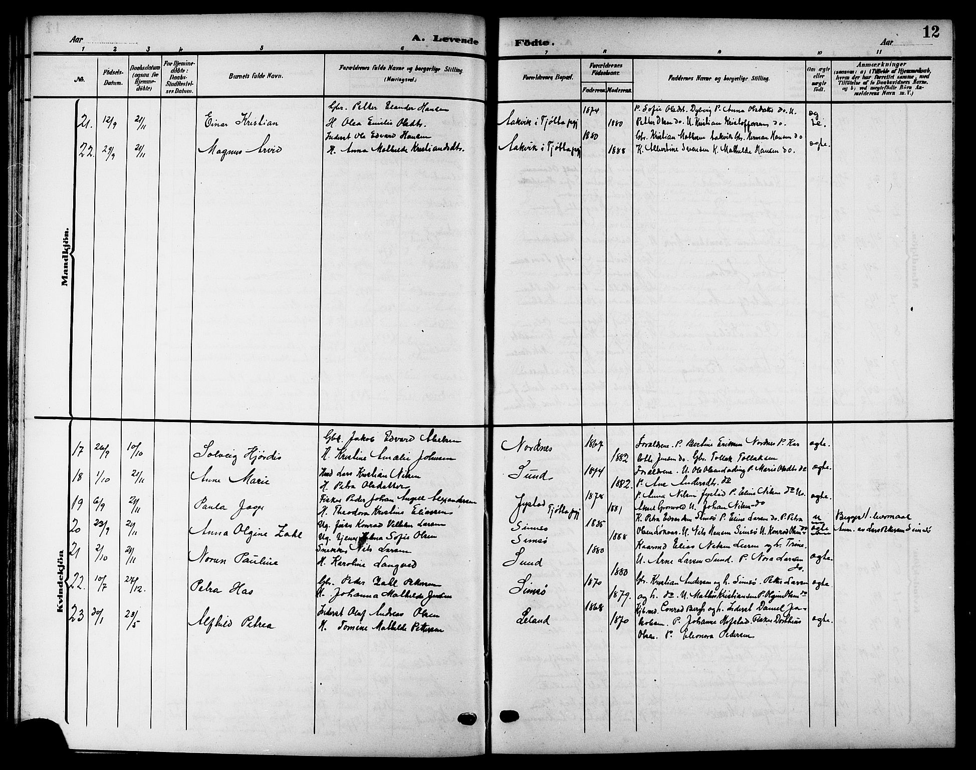 Ministerialprotokoller, klokkerbøker og fødselsregistre - Nordland, SAT/A-1459/832/L0494: Klokkerbok nr. 832C01, 1906-1922, s. 12