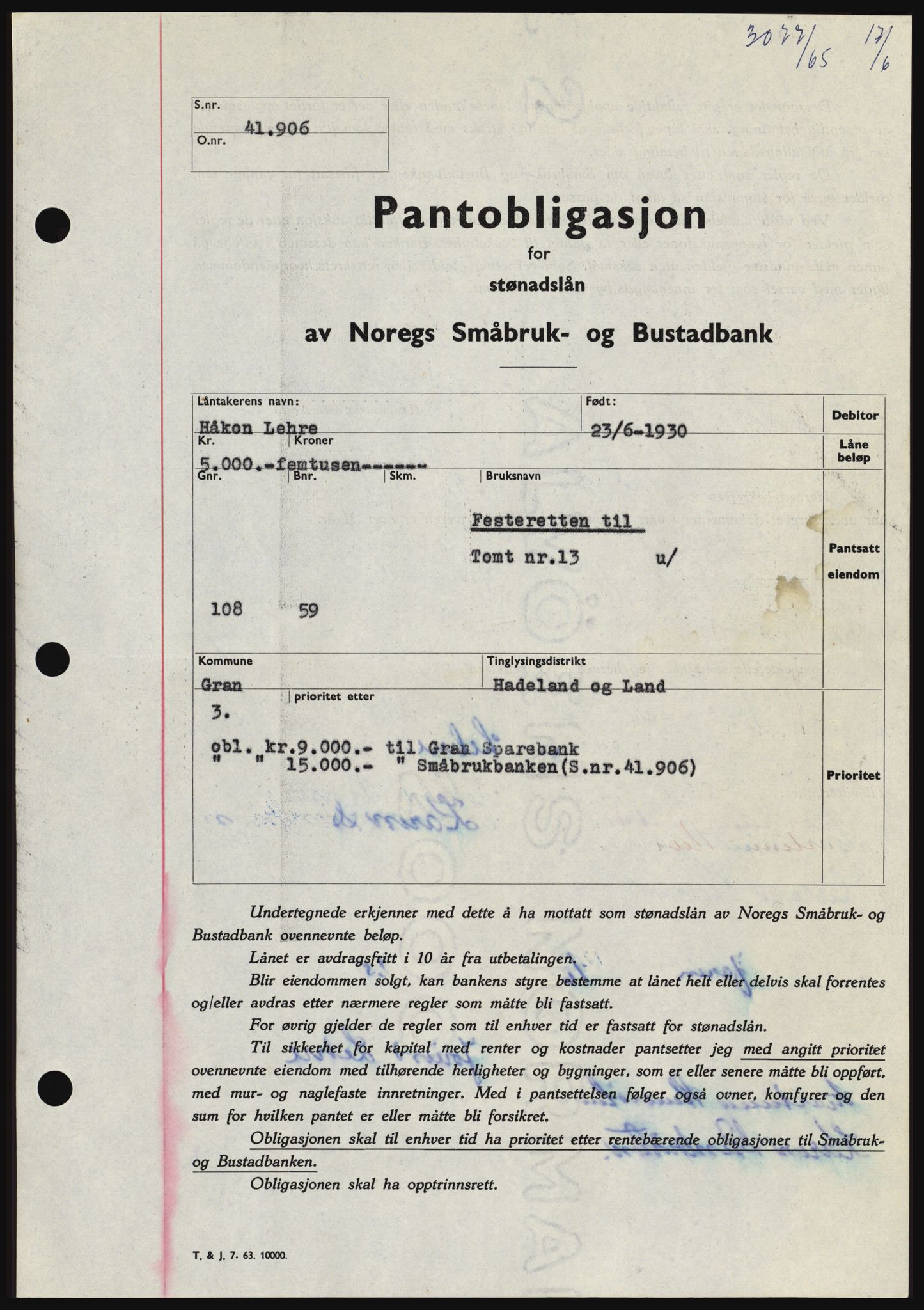 Hadeland og Land tingrett, SAH/TING-010/H/Hb/Hbc/L0059: Pantebok nr. B59, 1965-1965, Dagboknr: 3077/1965