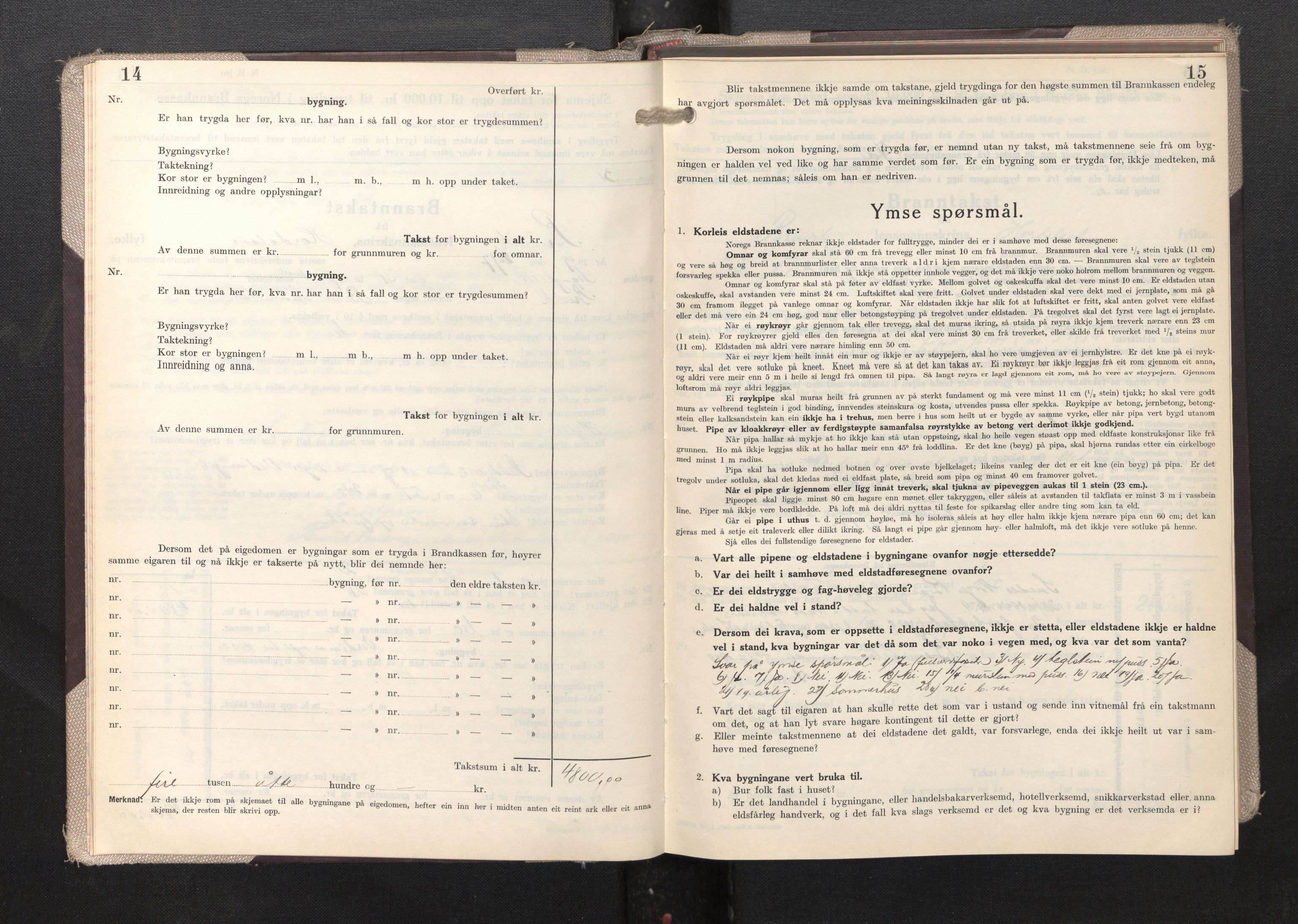 Lensmannen i Bruvik, AV/SAB-A-31301/0012/L0012: Branntakstprotokoll, skjematakst, 1949-1955, s. 14-15