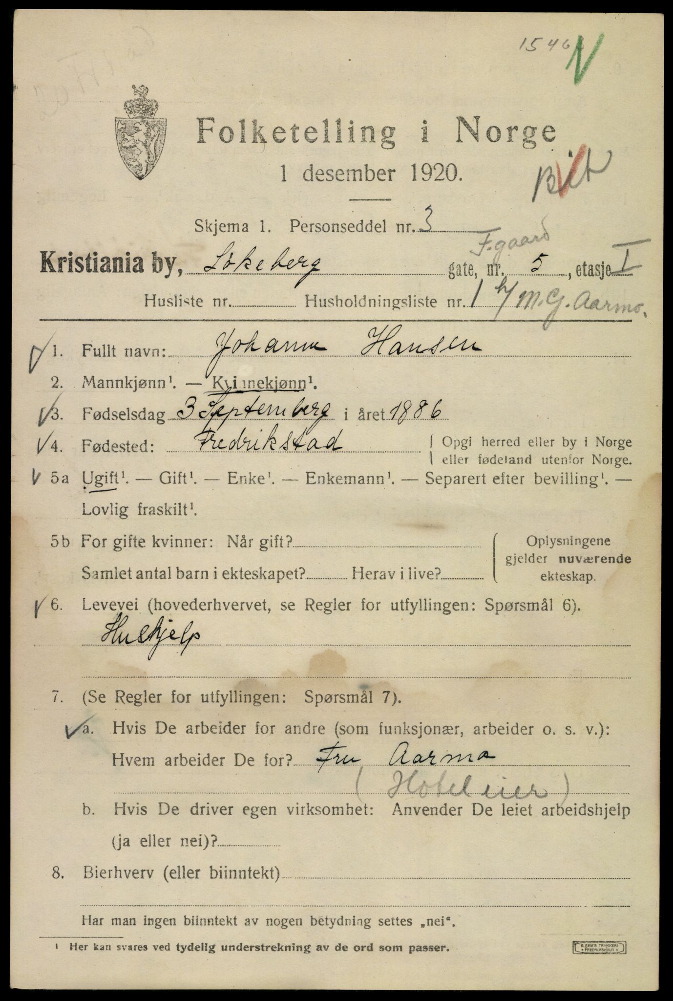 SAO, Folketelling 1920 for 0301 Kristiania kjøpstad, 1920, s. 366959