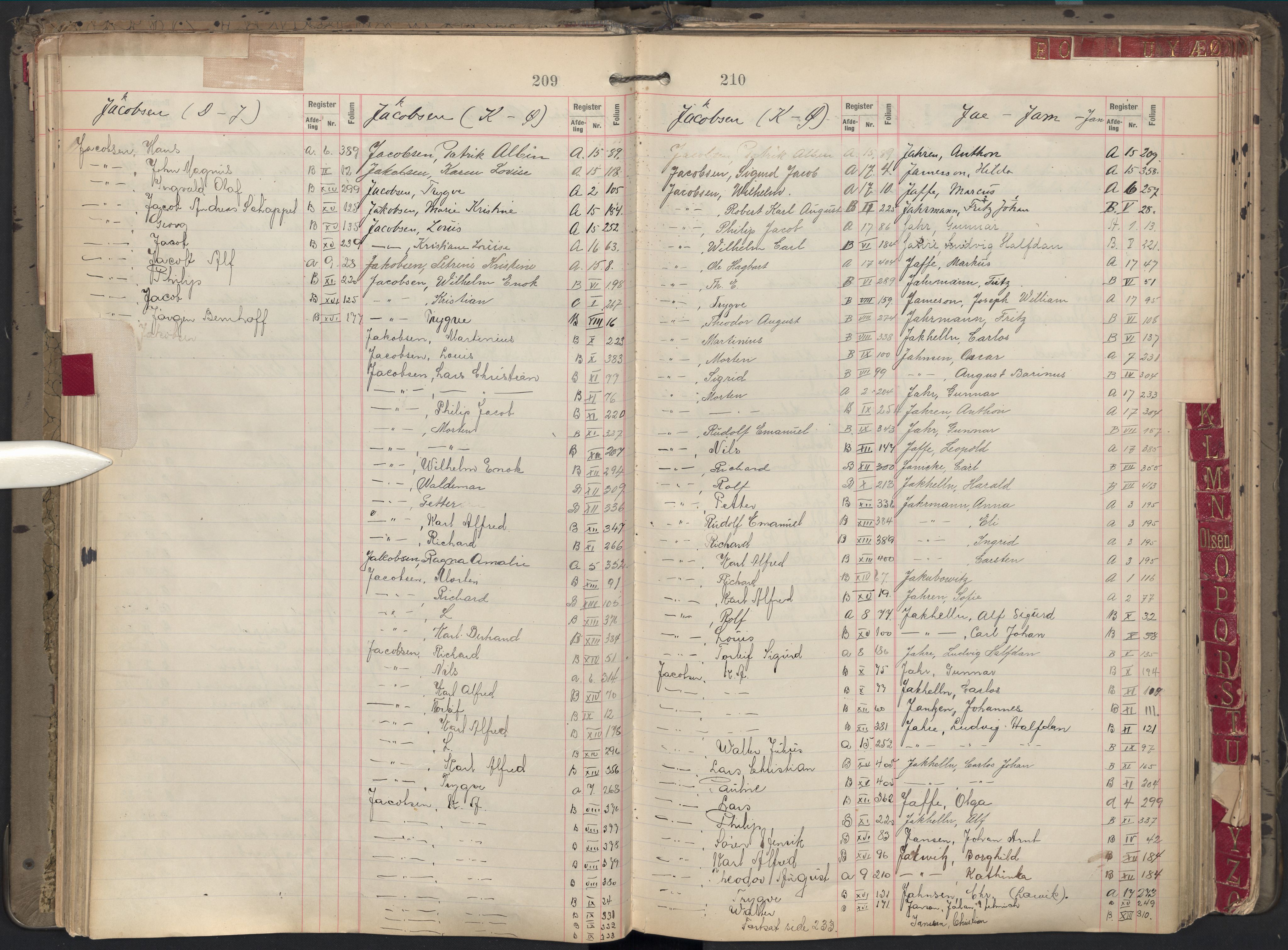 Oslo byfogd avd. II, AV/SAO-A-10942/G/Ga/Gab/L0002: Personregister: A 1-17, B 1-17, C 1, 1907, s. 209-210