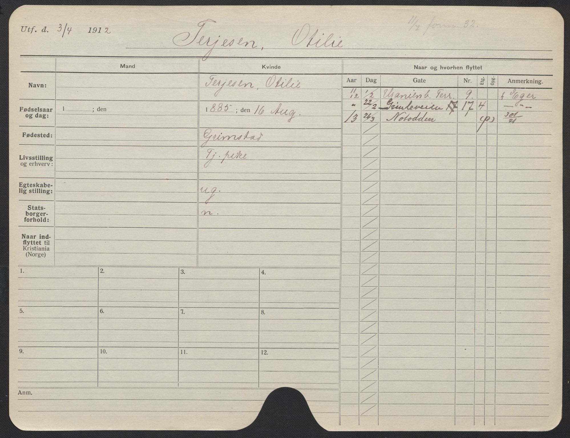 Oslo folkeregister, Registerkort, SAO/A-11715/F/Fa/Fac/L0024: Kvinner, 1906-1914, s. 1076a