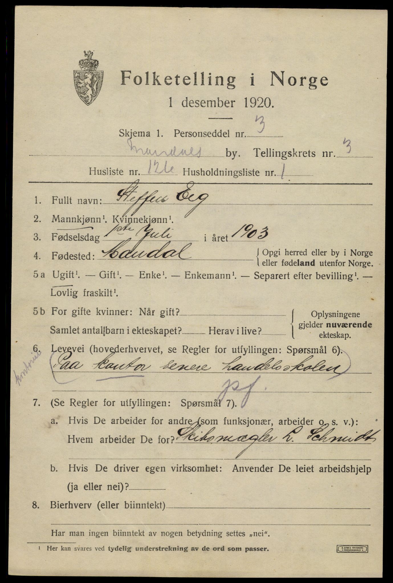 SAK, Folketelling 1920 for 1002 Mandal ladested, 1920, s. 6891