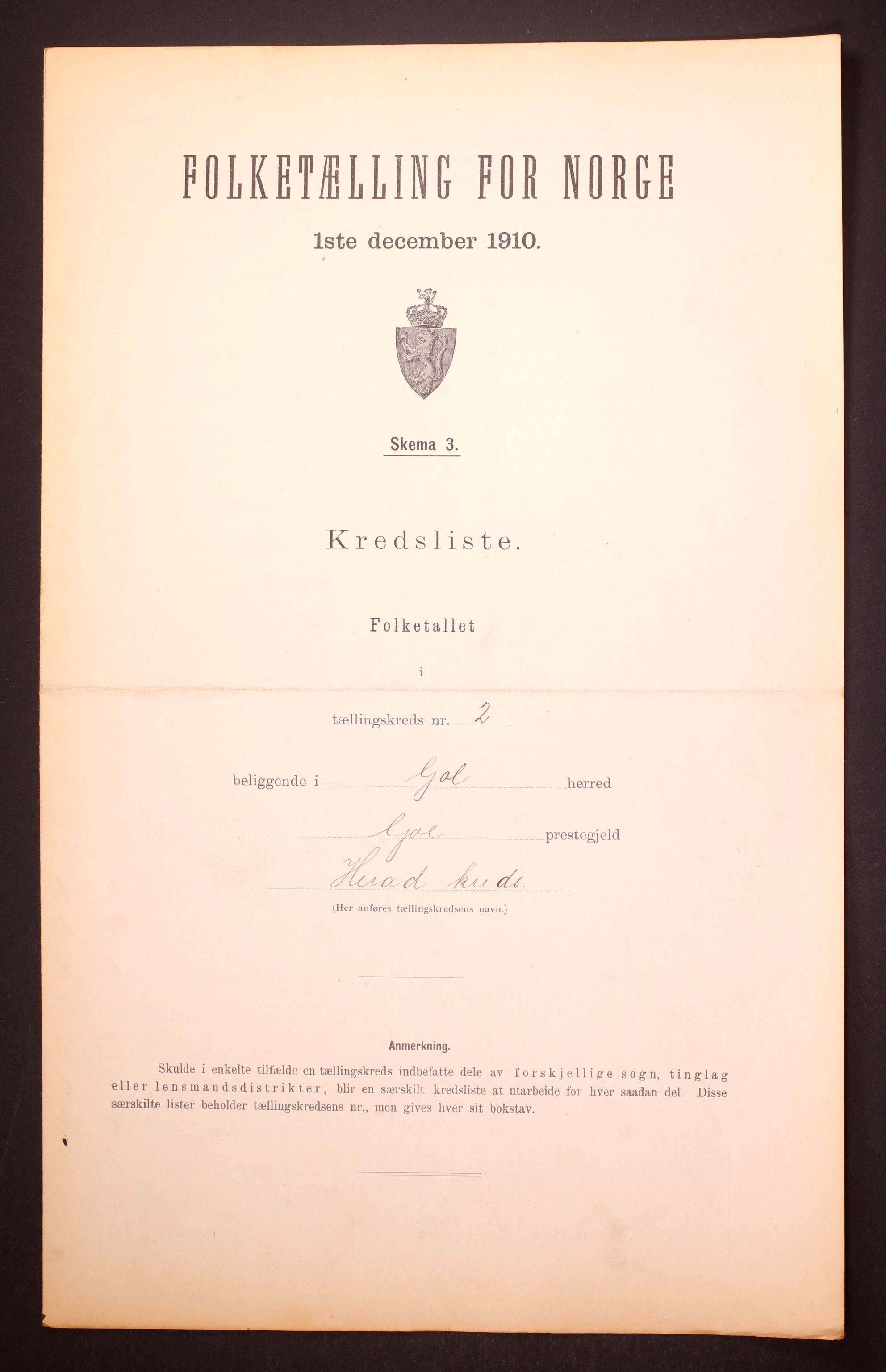 RA, Folketelling 1910 for 0617 Gol herred, 1910, s. 7