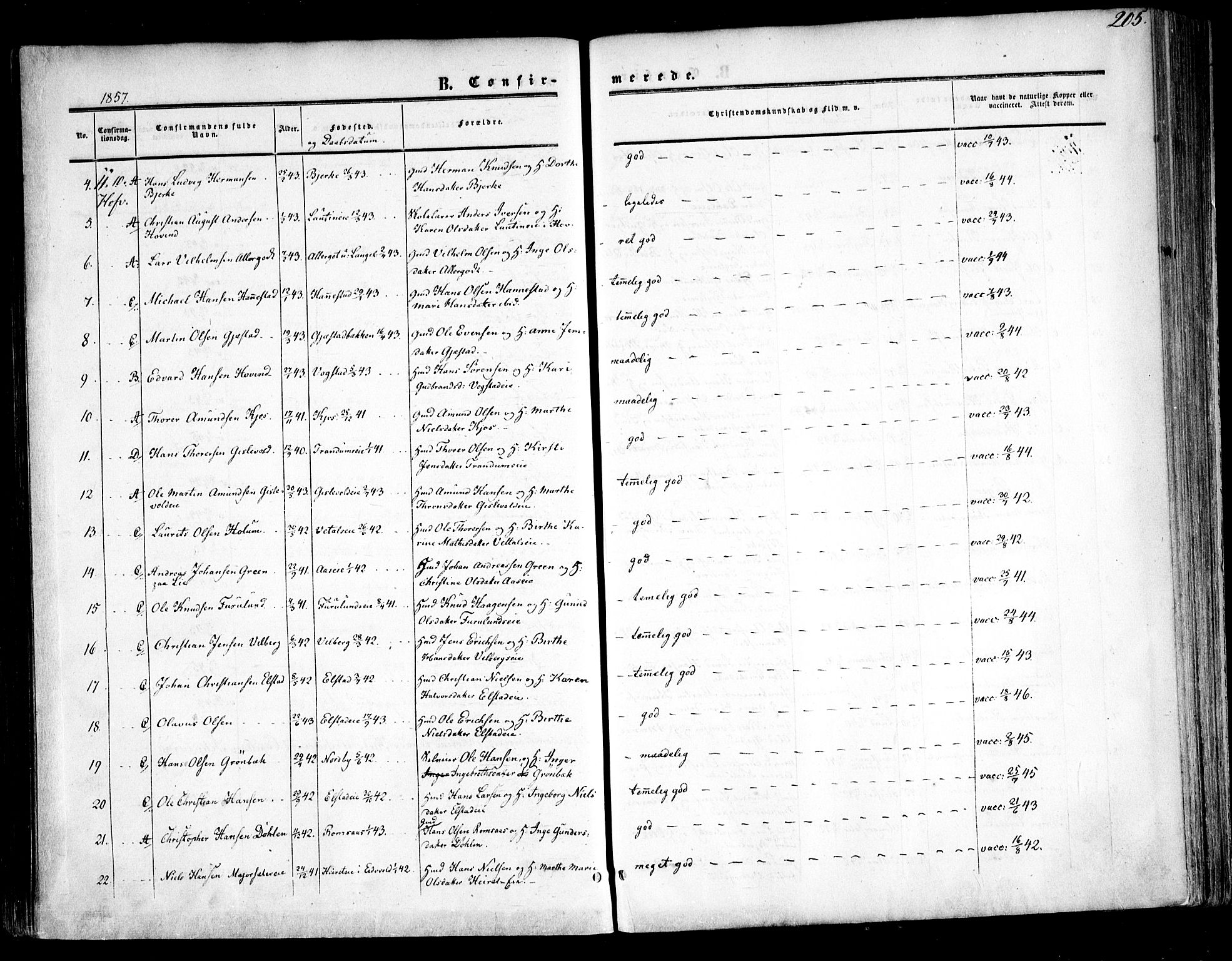 Ullensaker prestekontor Kirkebøker, AV/SAO-A-10236a/F/Fa/L0015.a: Ministerialbok nr. I 15A, 1851-1862, s. 205