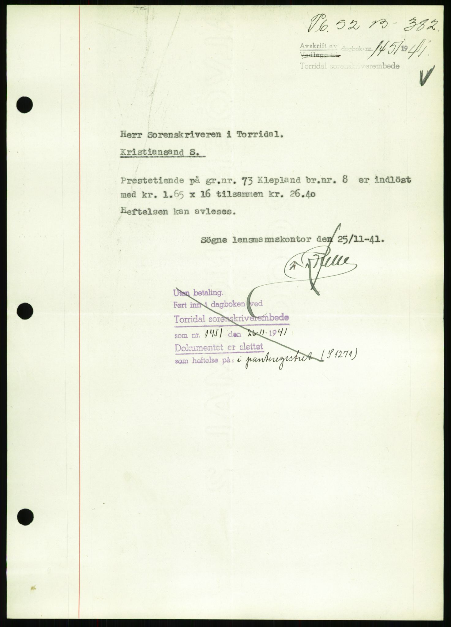 Torridal sorenskriveri, SAK/1221-0012/G/Gb/Gbb/L0008: Pantebok nr. 52b, 1940-1942, Dagboknr: 1451/1941