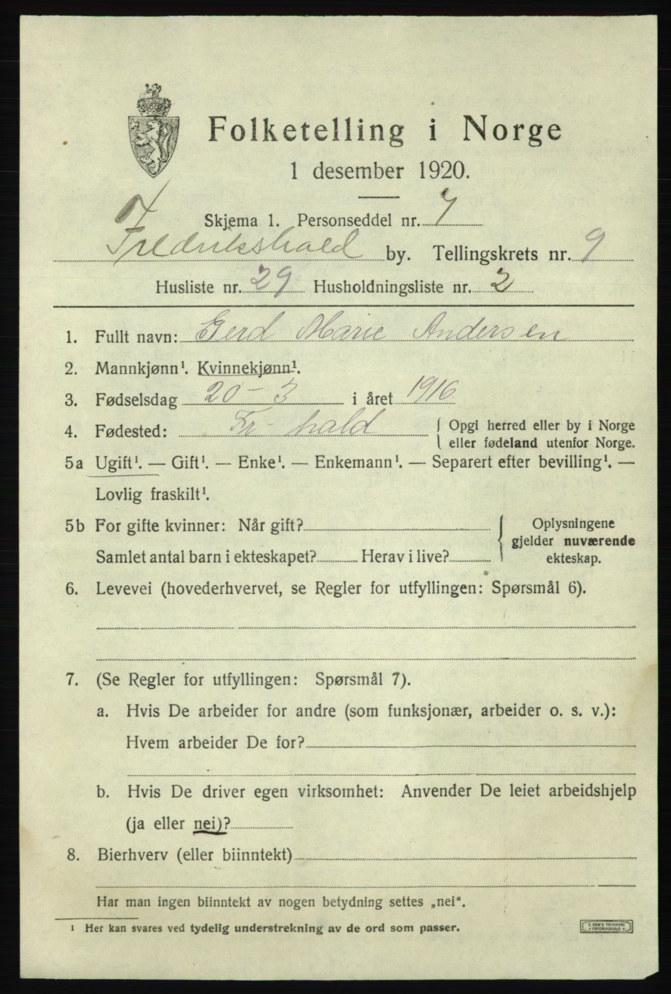 SAO, Folketelling 1920 for 0101 Fredrikshald kjøpstad, 1920, s. 16491