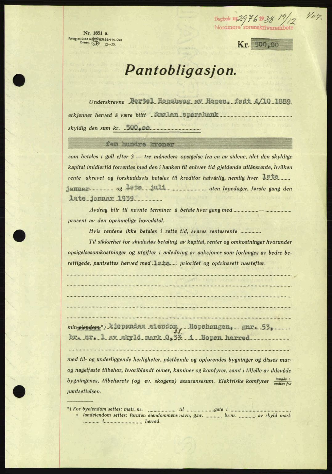 Nordmøre sorenskriveri, SAT/A-4132/1/2/2Ca: Pantebok nr. B84, 1938-1939, Dagboknr: 2976/1938