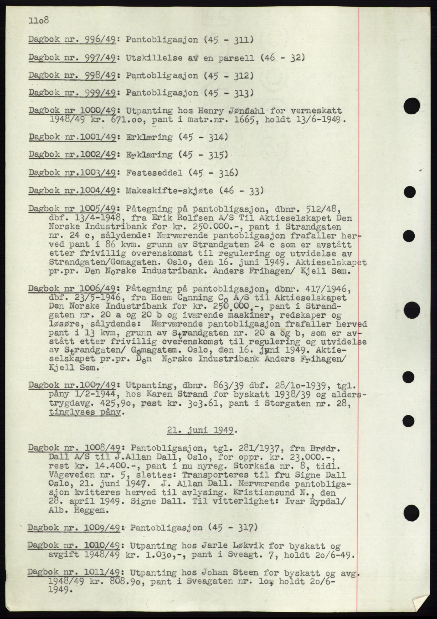 Kristiansund byfogd, AV/SAT-A-4587/A/27: Pantebok nr. 32b, 1945-1950, Dagboknr: 996/1949