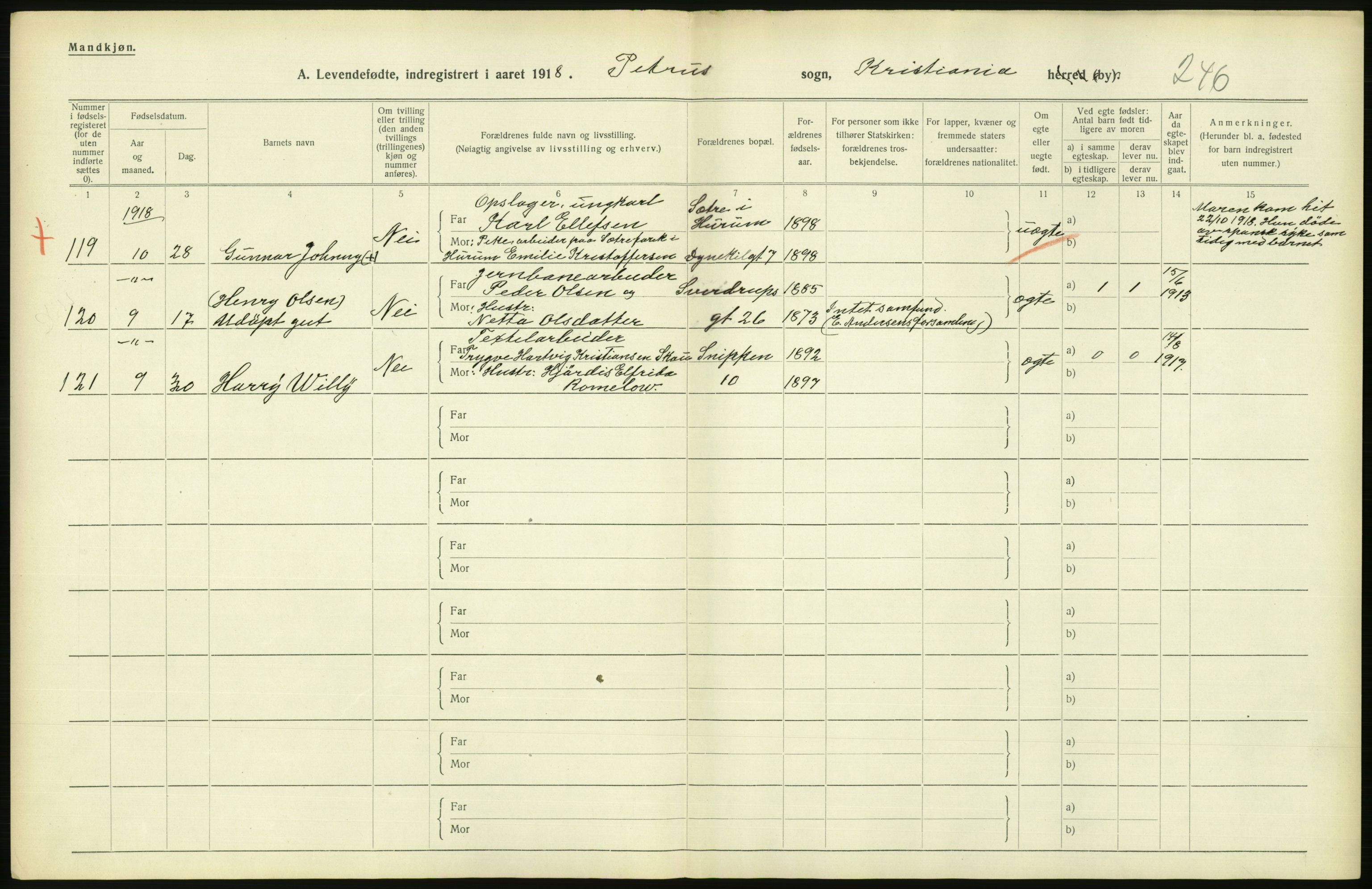 Statistisk sentralbyrå, Sosiodemografiske emner, Befolkning, AV/RA-S-2228/D/Df/Dfb/Dfbh/L0008: Kristiania: Levendefødte menn og kvinner., 1918, s. 614