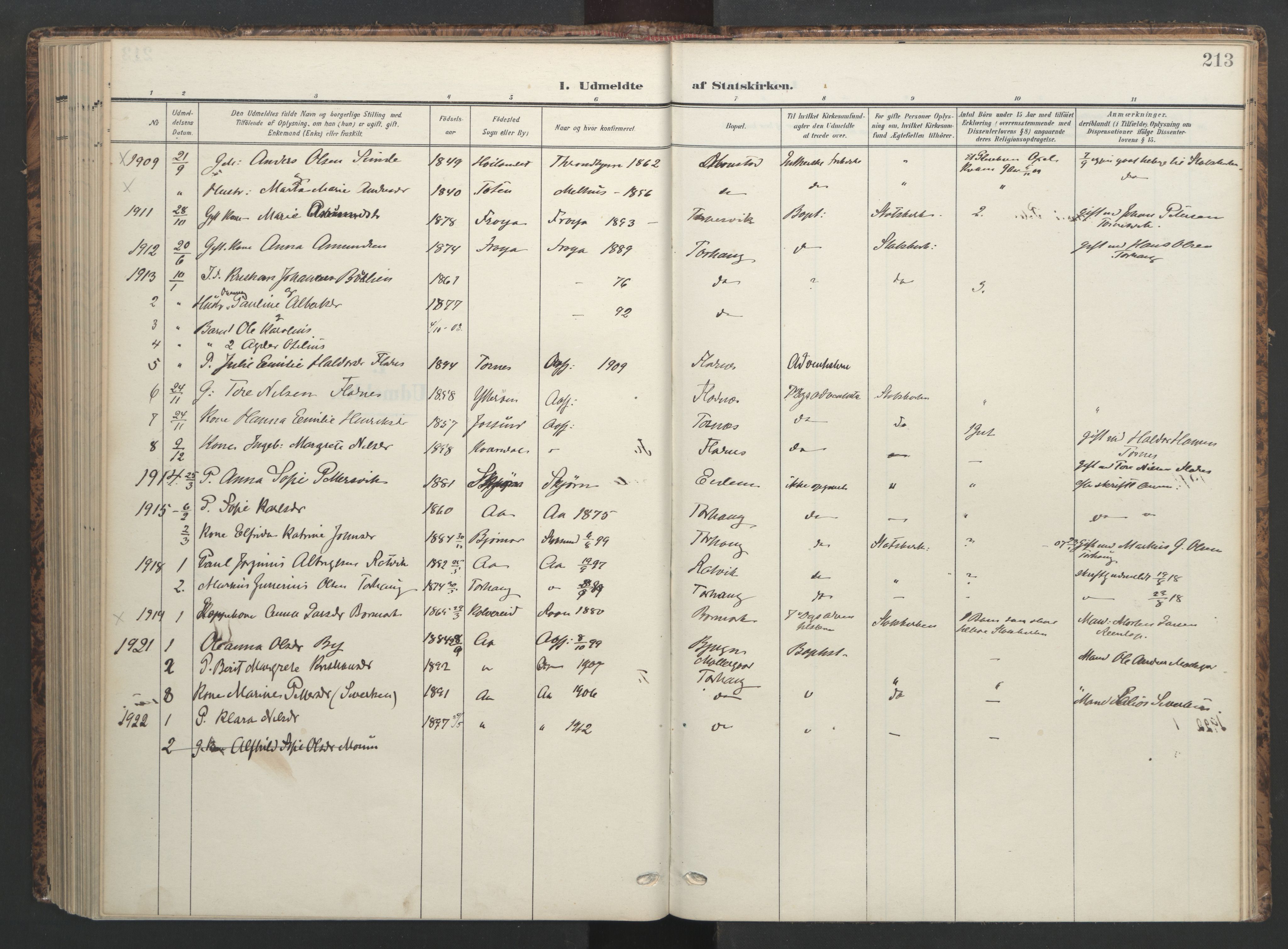 Ministerialprotokoller, klokkerbøker og fødselsregistre - Sør-Trøndelag, AV/SAT-A-1456/655/L0682: Ministerialbok nr. 655A11, 1908-1922, s. 213
